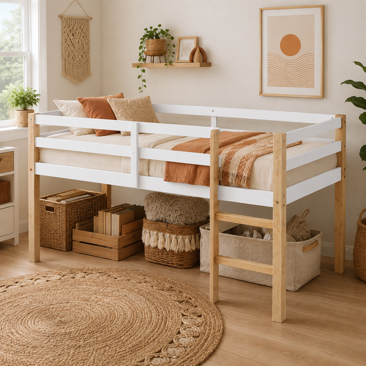 Ivara oak with white twin size low loft bed in a sunlit room with framed wall art