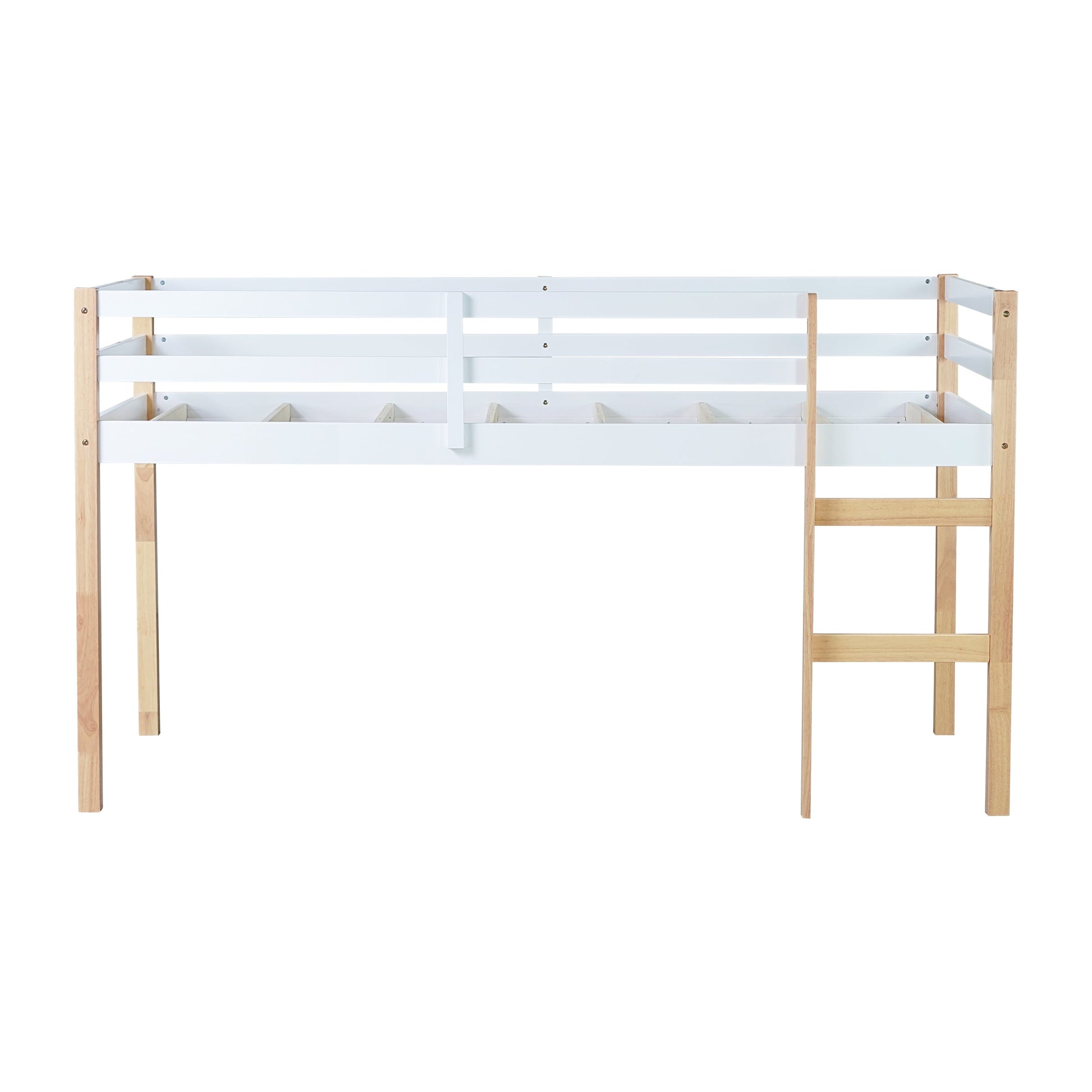Ivara oak with white twin size low loft bed front view on white background