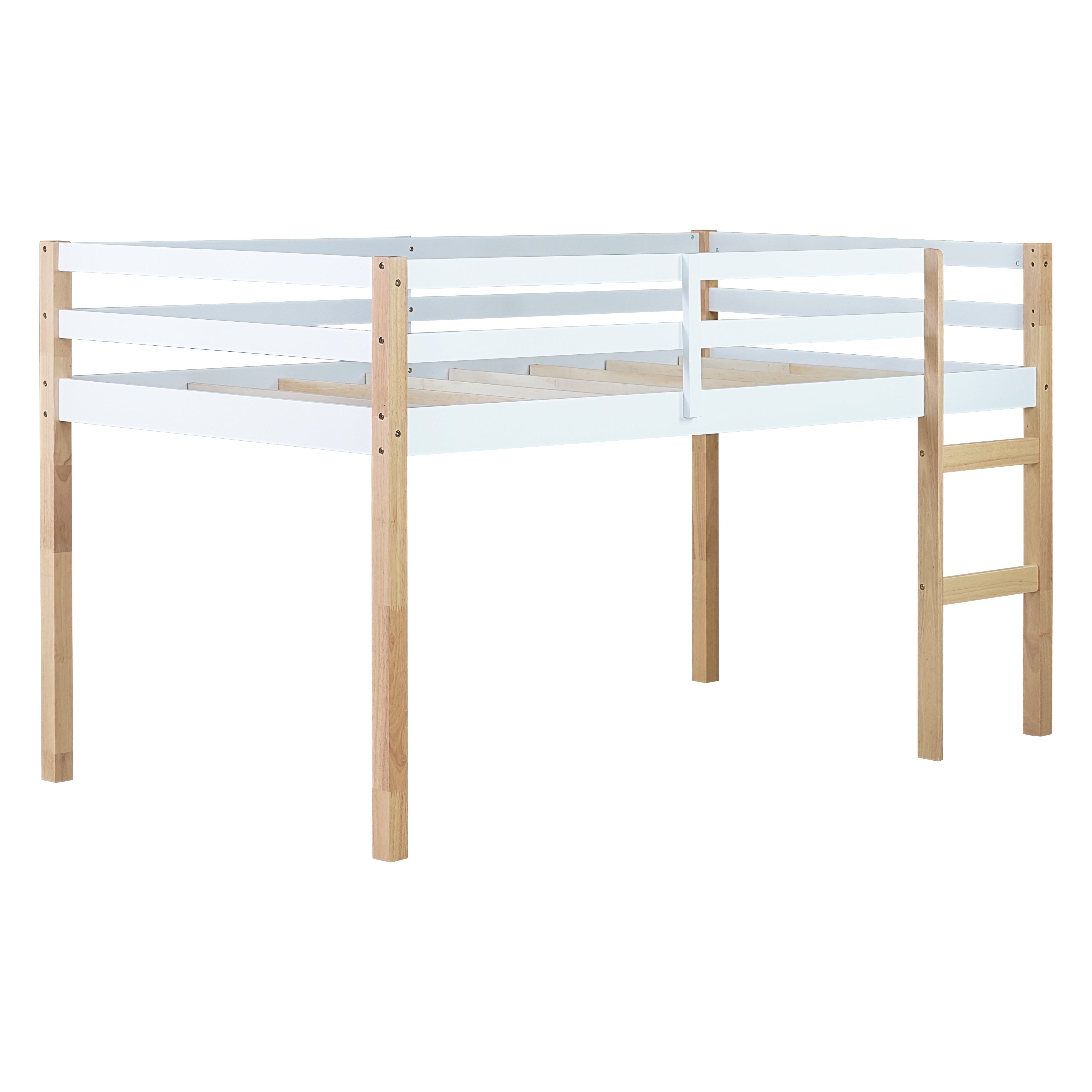 Ivara oak with white twin size low loft bed angled view on white background