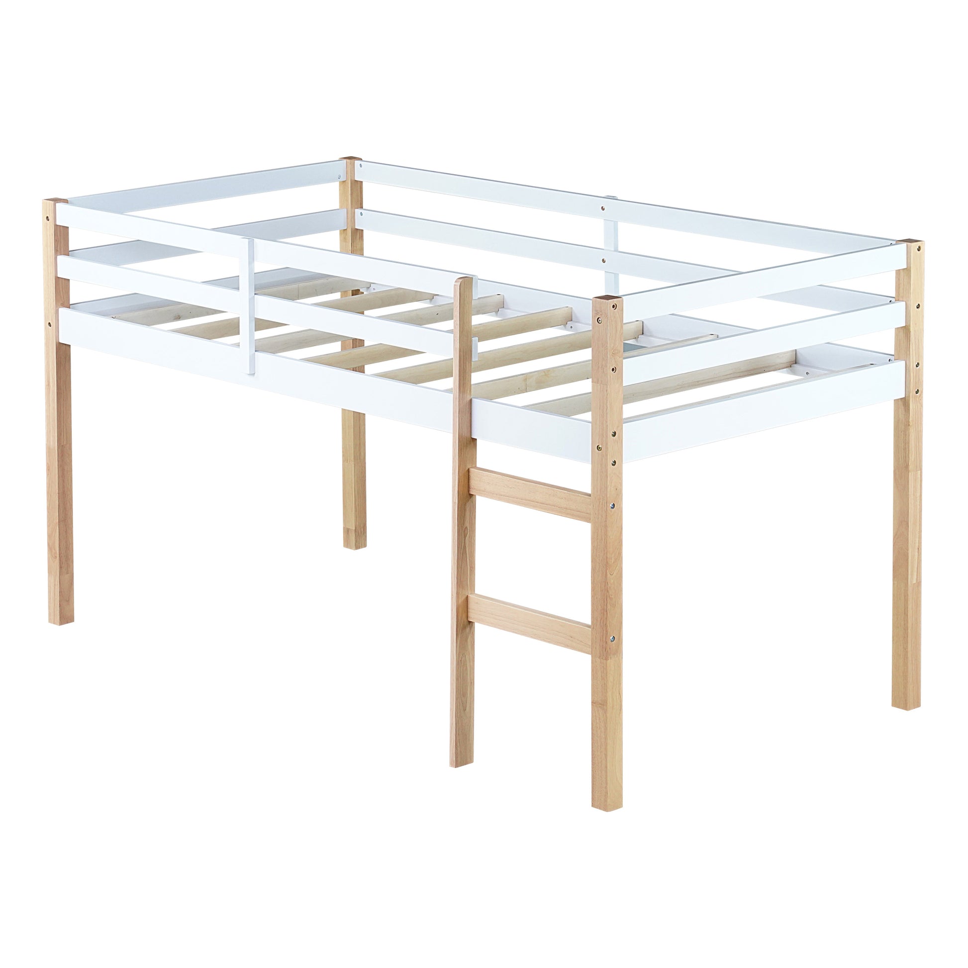 Ivara oak with white twin size low loft bed side view on white background