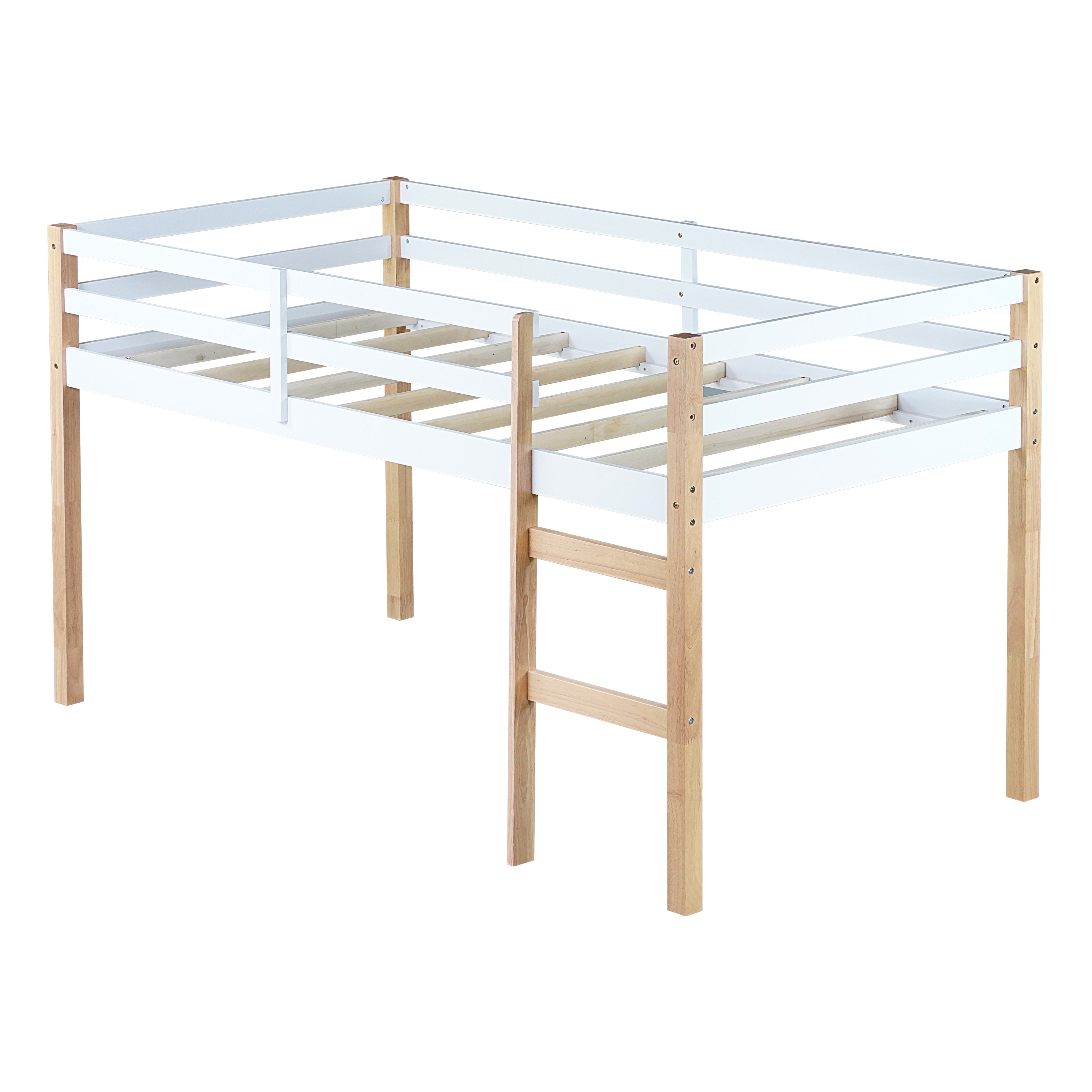Ivara oak with white twin size low loft bed side view on white background