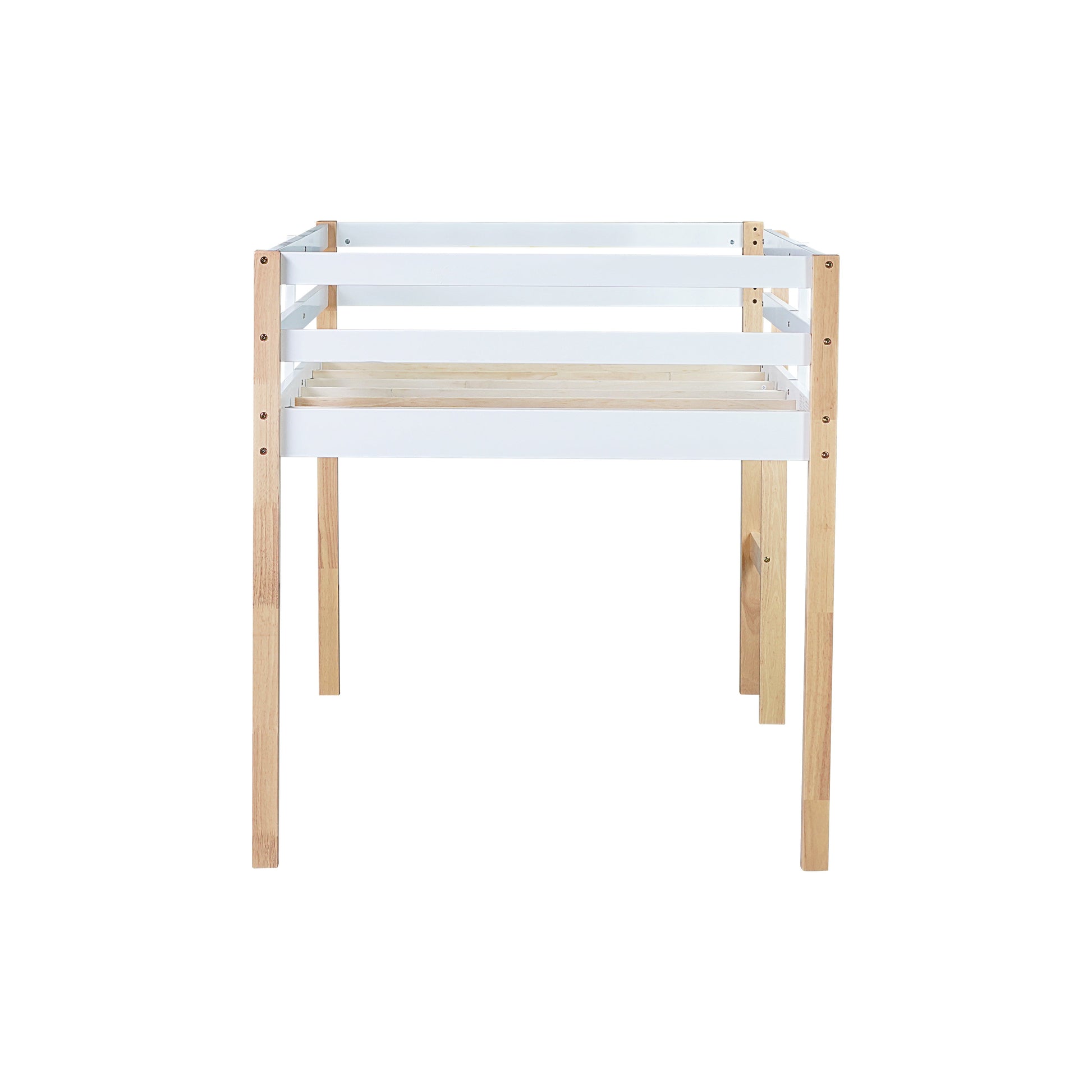 Ivara oak with white twin size low loft bed side view on white background