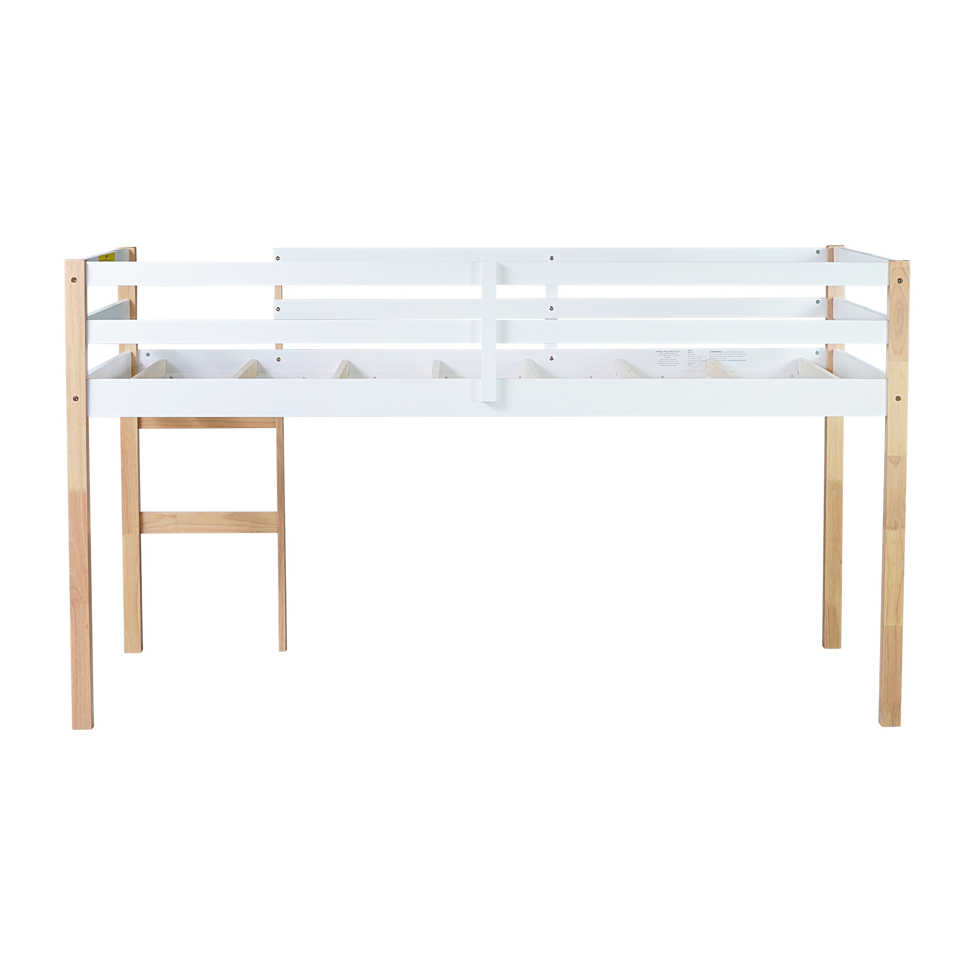 Ivara oak with white twin size low loft bed rear view on white background
