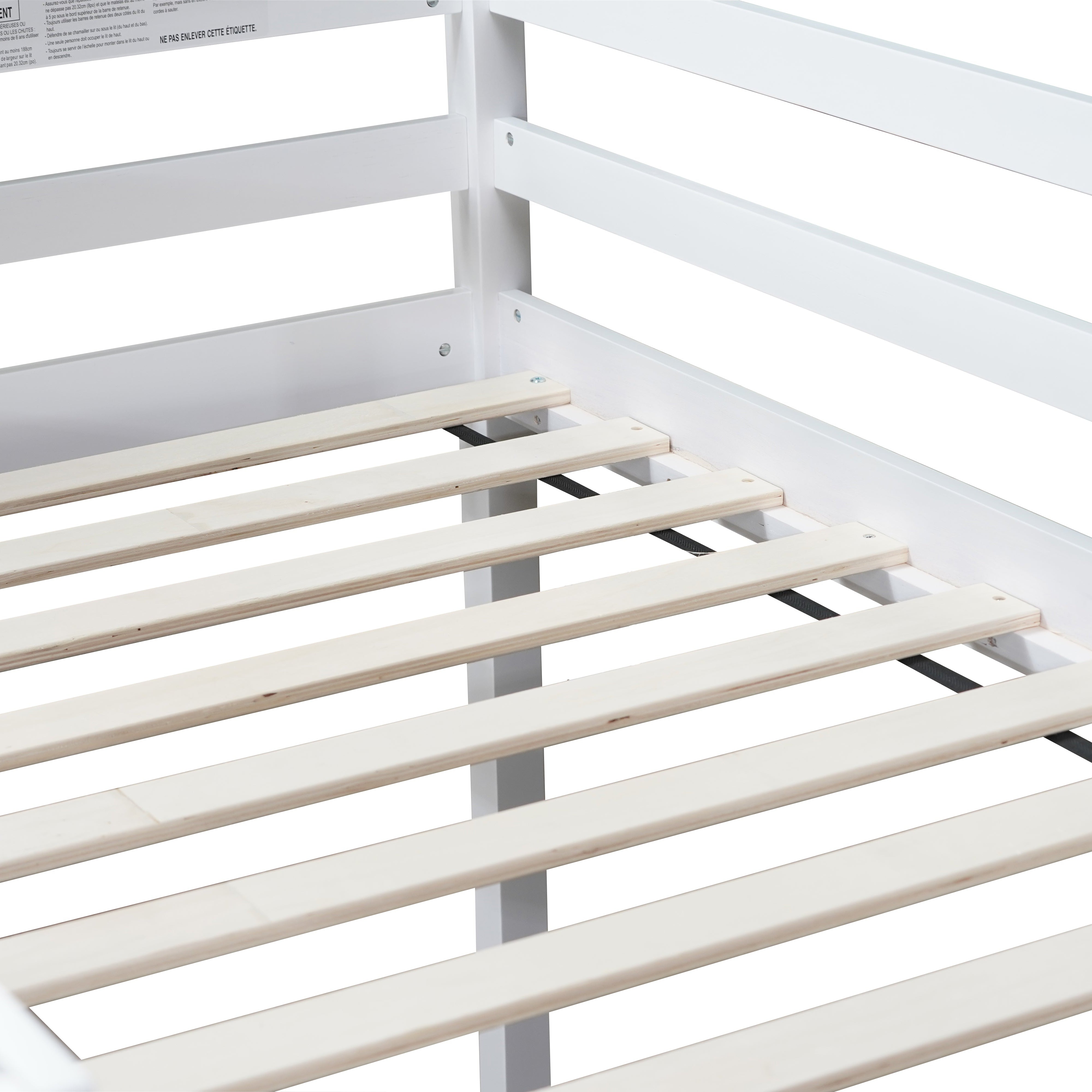 Ivara white low loft bed showing solid wood slat platform detail