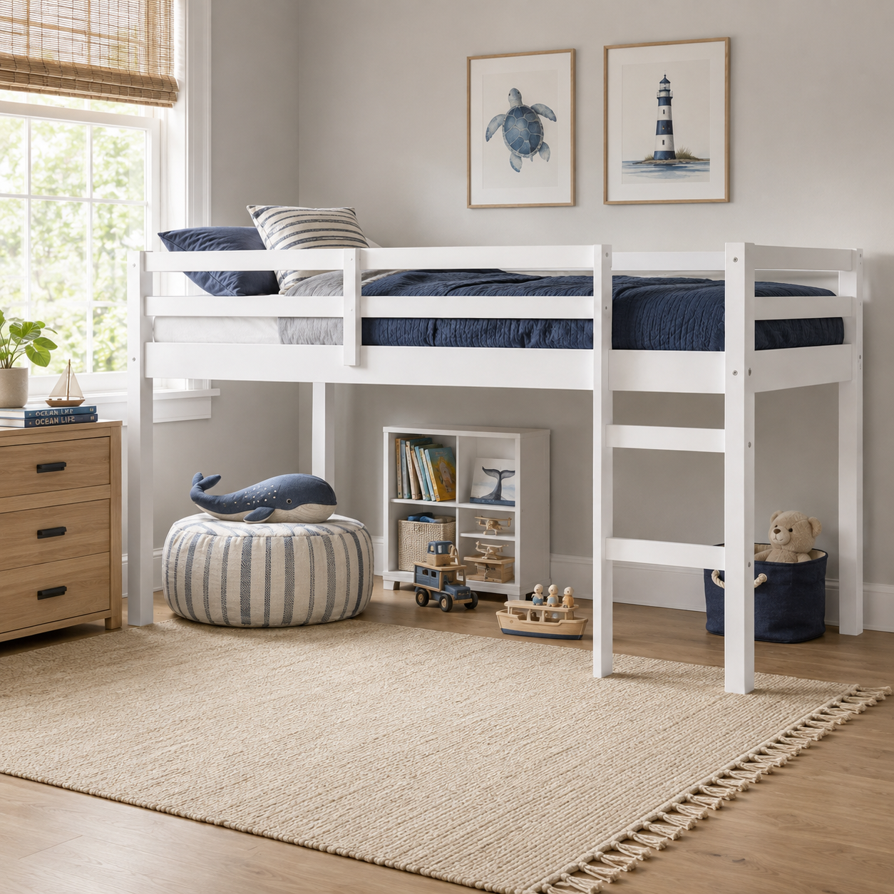 Ivara white twin size low loft bed in a bright bedroom with soft bedding
