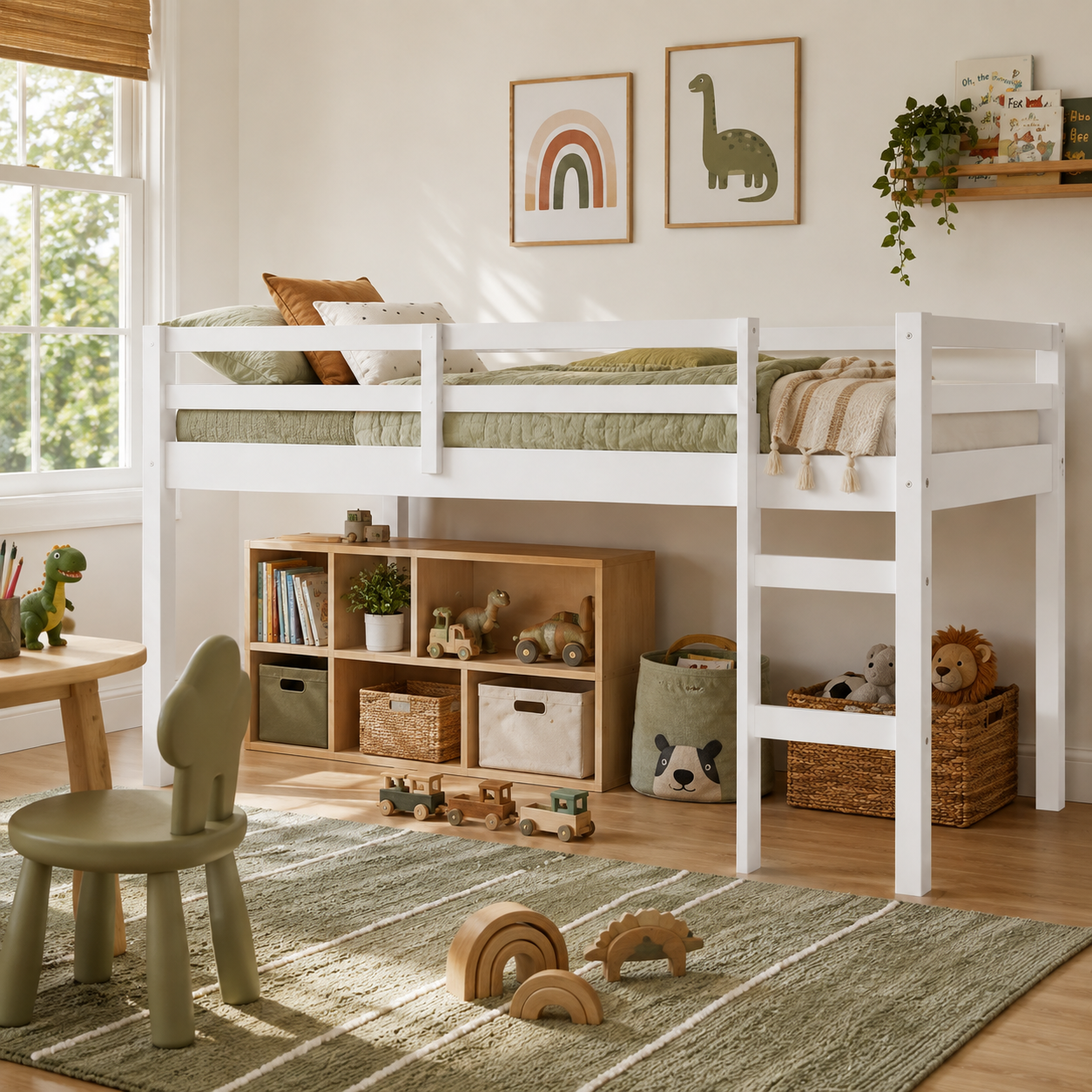 Ivara white twin size low loft bed in a clean bedroom with full-length guardrails