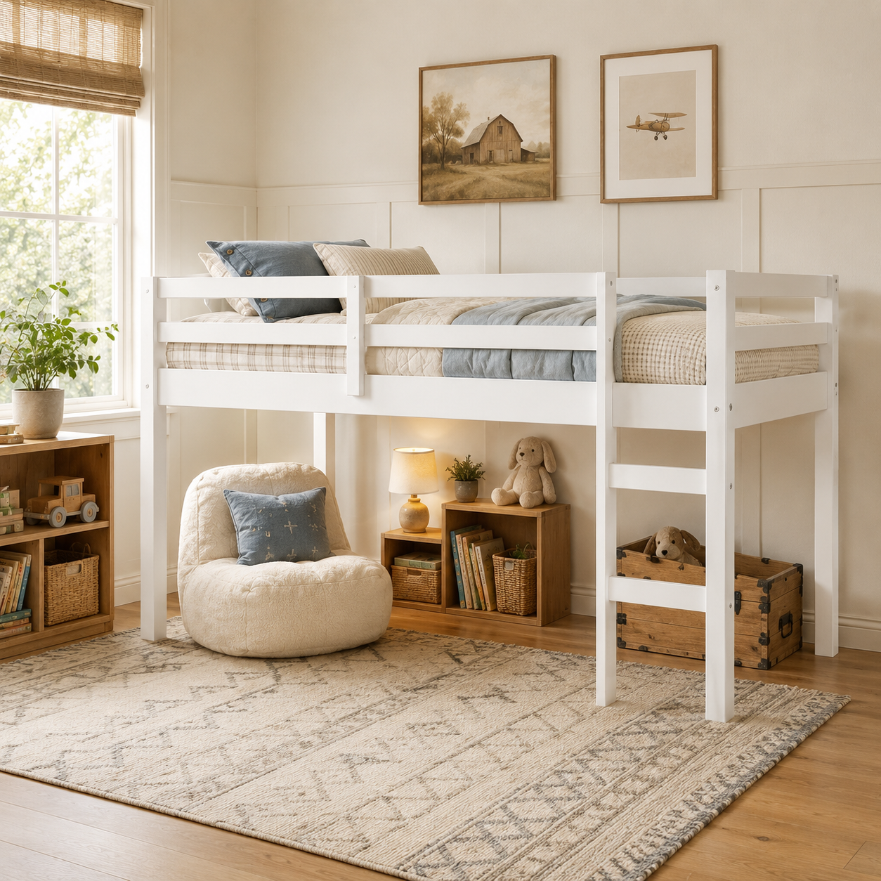 Ivara white twin size low loft bed in a warm bedroom with wood flooring
