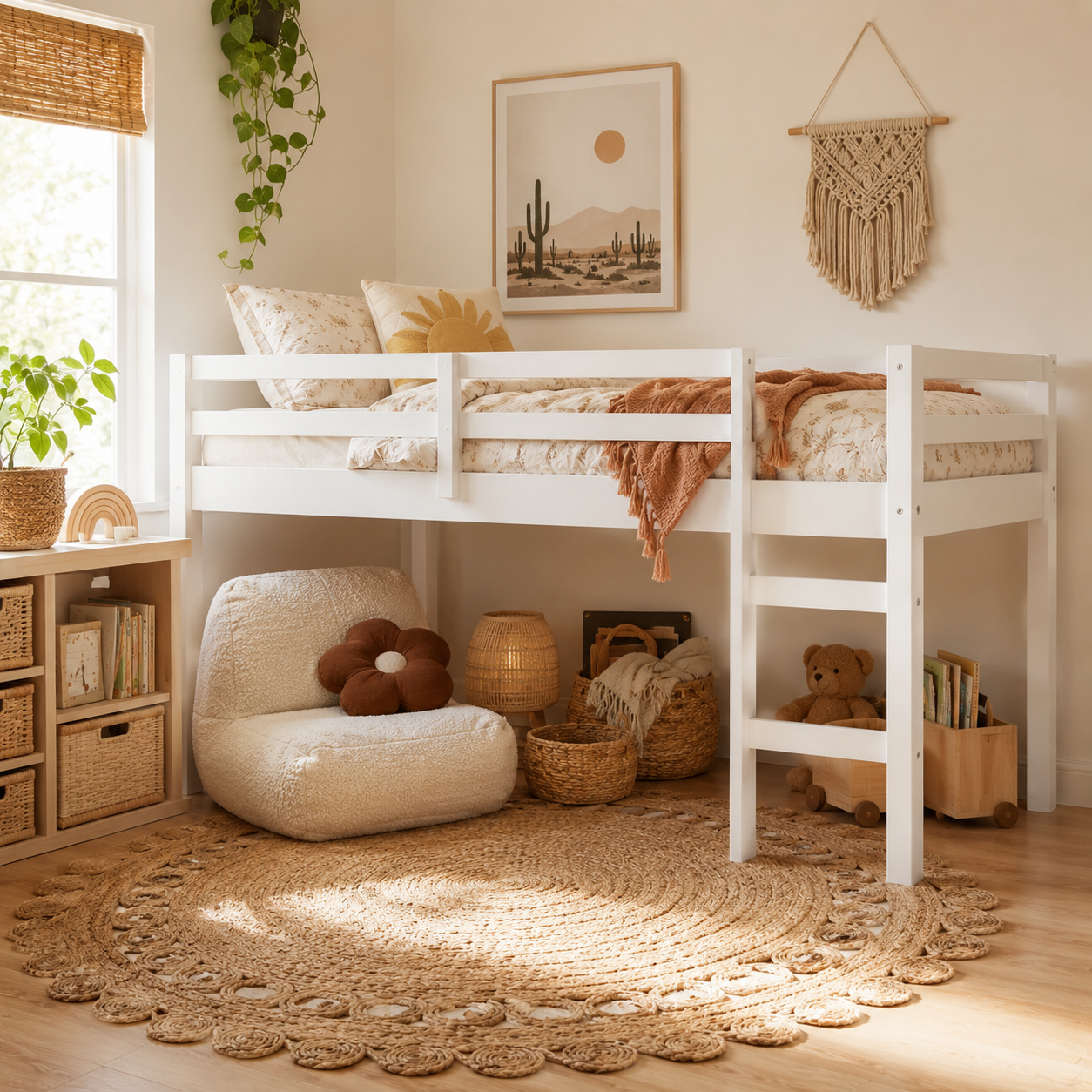 Ivara white twin size low loft bed in a warm bedroom with wood flooring