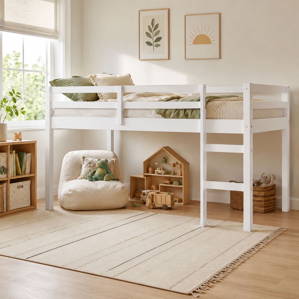 Ivara white twin size low loft bed in a warm bedroom with wood flooring