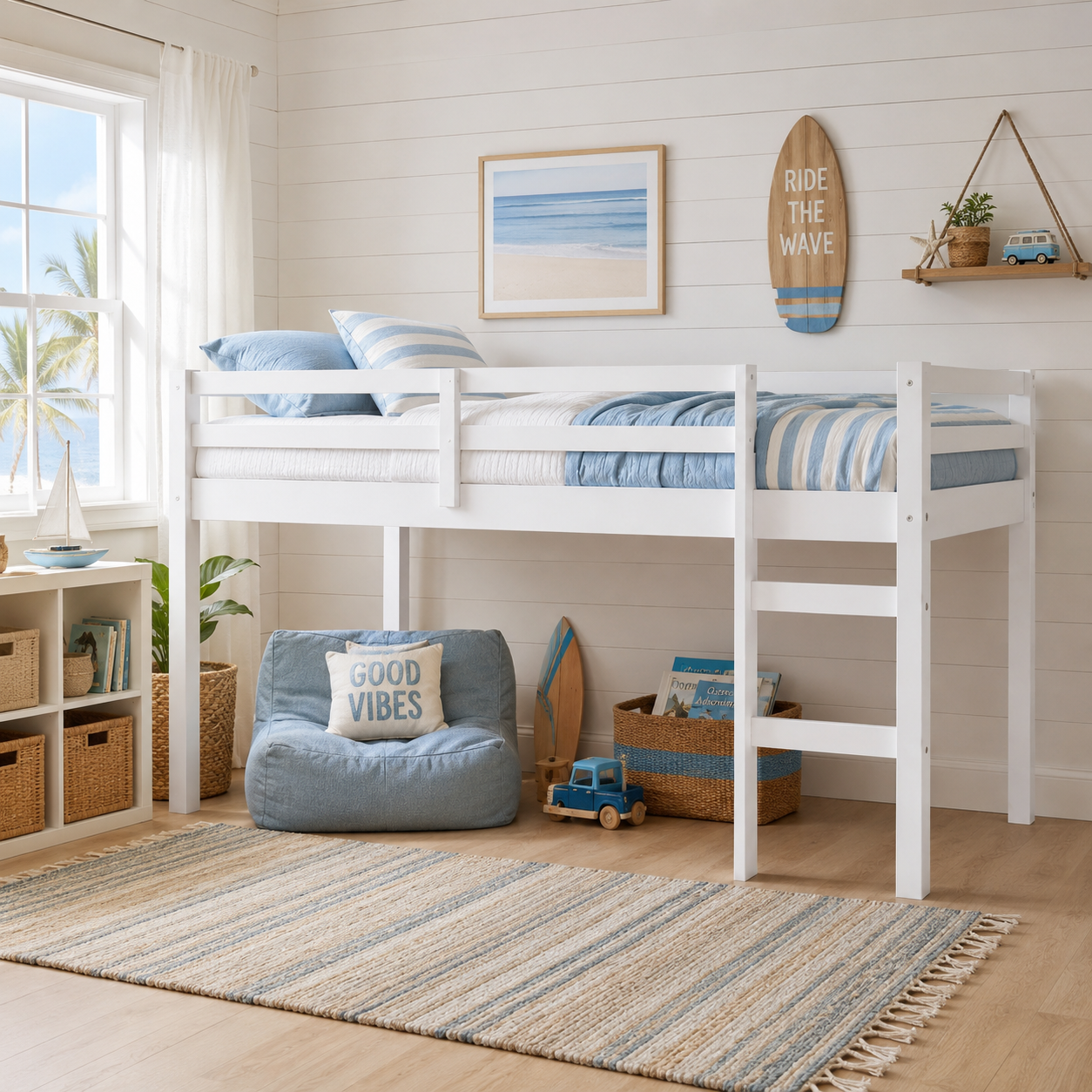 Ivara white twin size low loft bed in a warm bedroom with wood flooring
