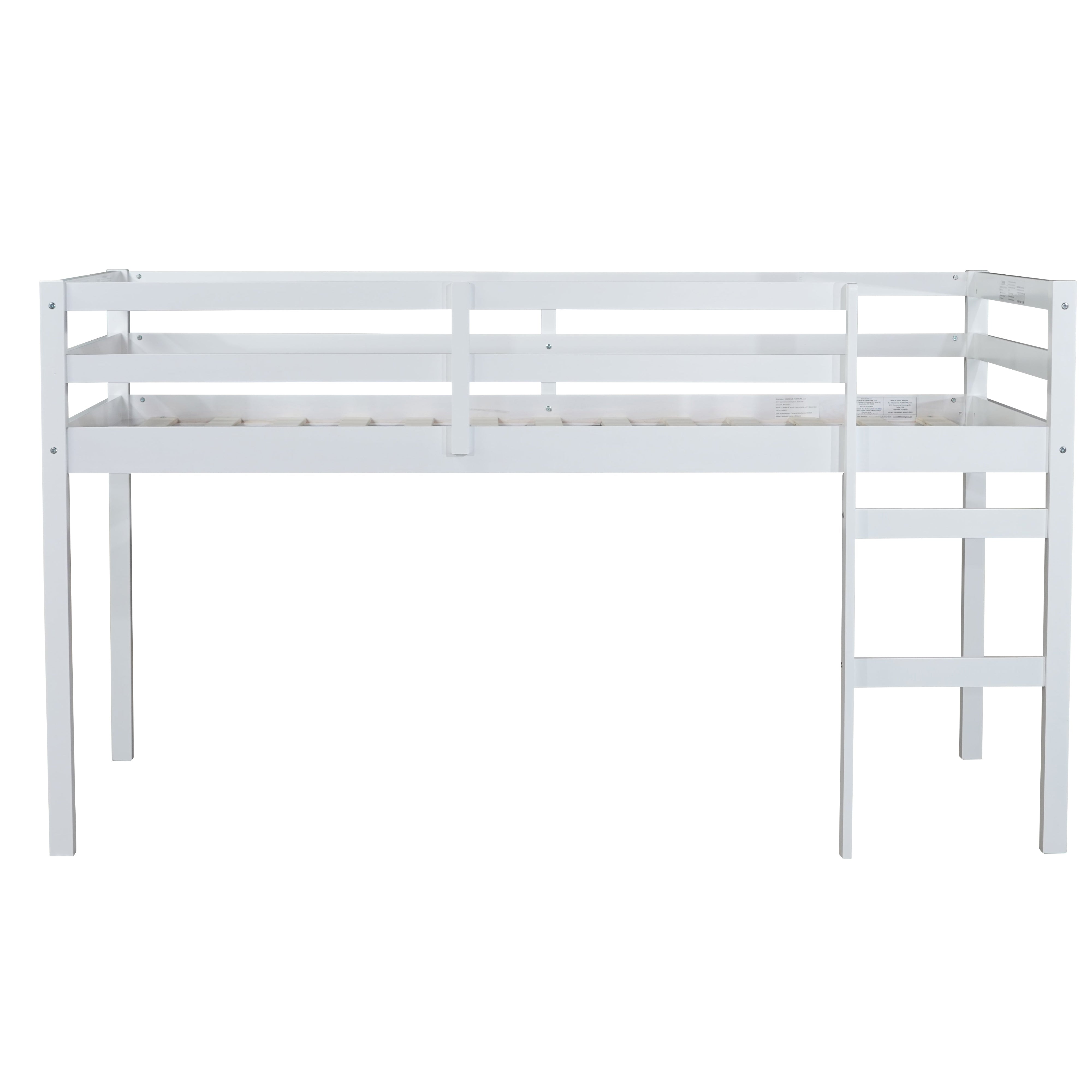 Ivara white twin size low loft bed front view on white background