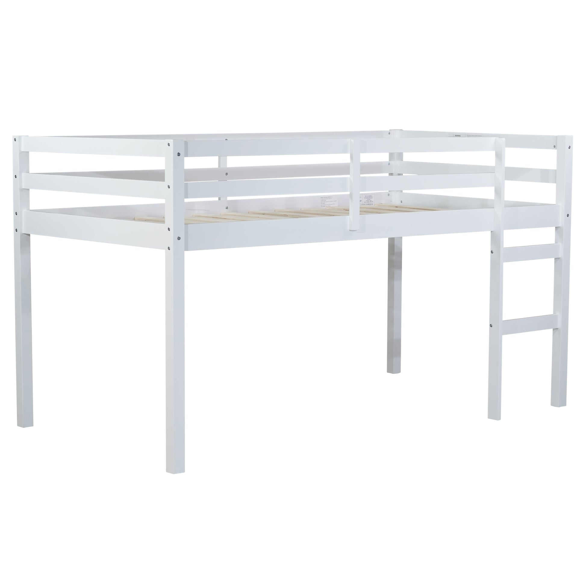 Ivara white twin size low loft bed angled view on white background