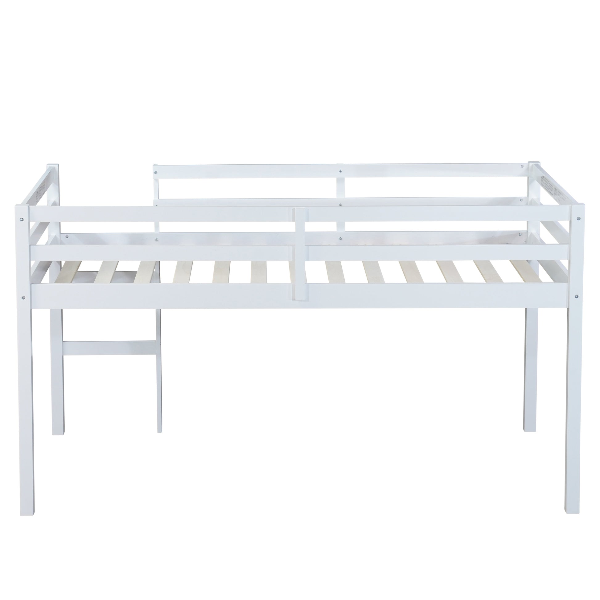 Ivara white twin size low loft bed rear  view on white background