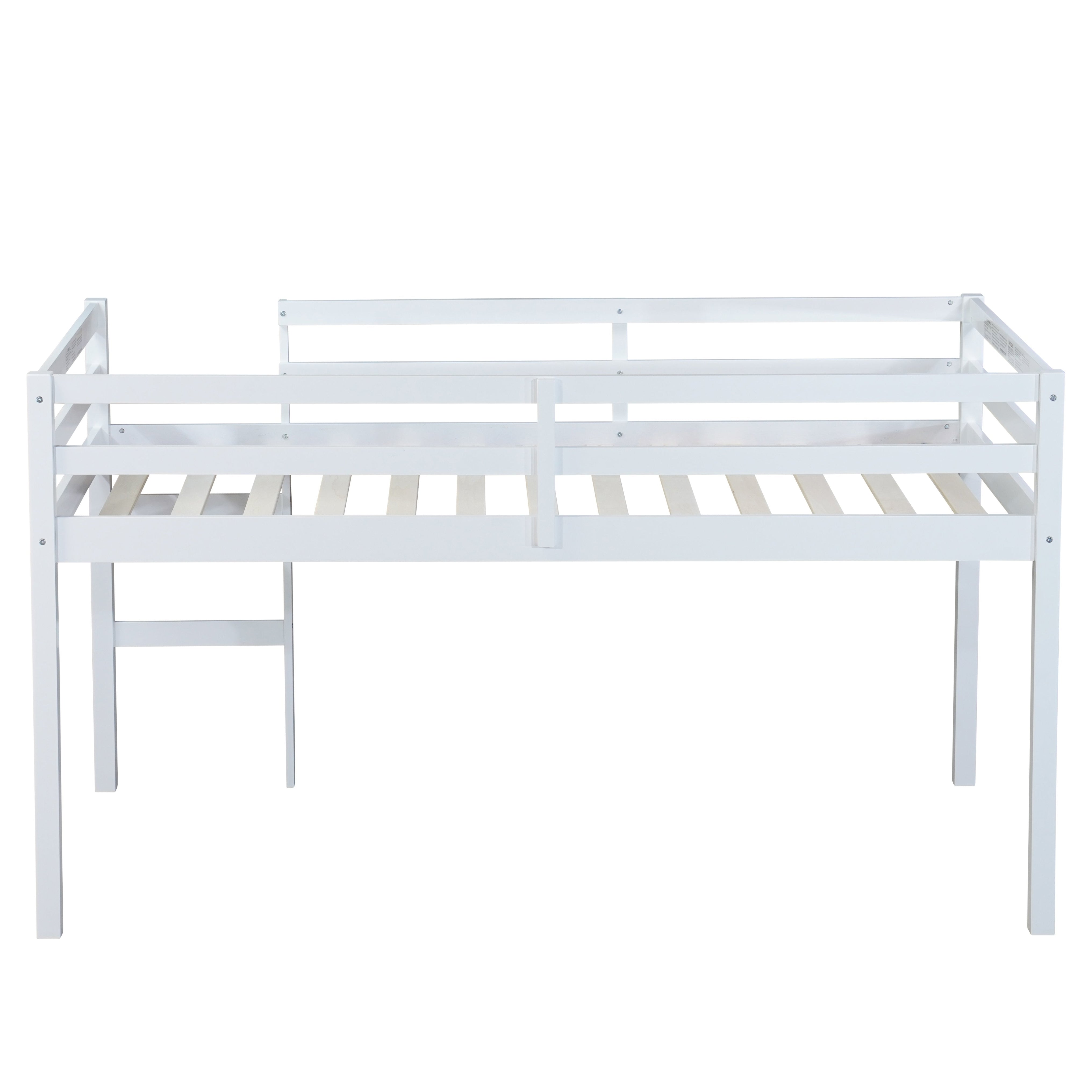 Ivara white twin size low loft bed rear  view on white background