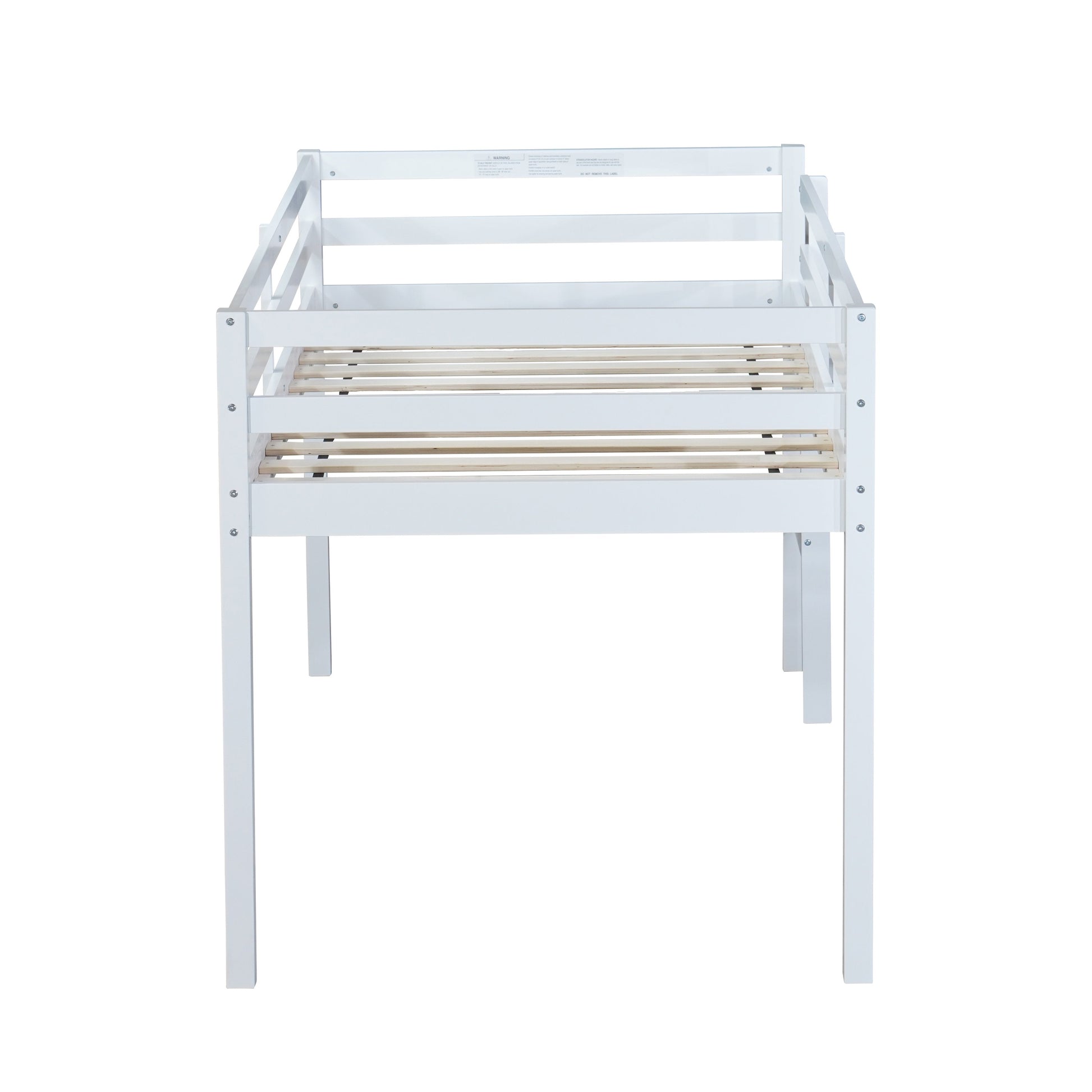 Ivara white twin size low loft bed side view on white background
