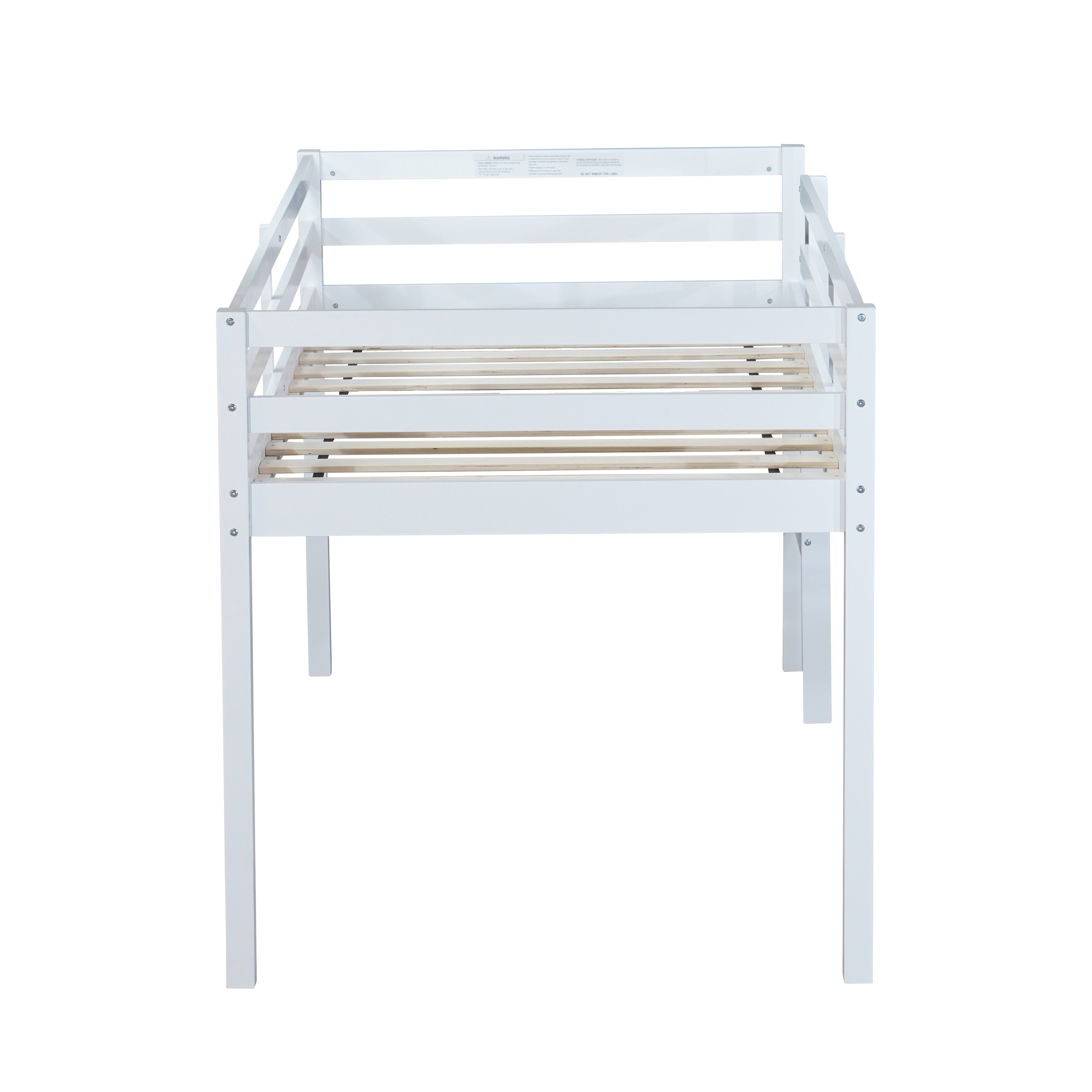 Ivara white twin size low loft bed side view on white background