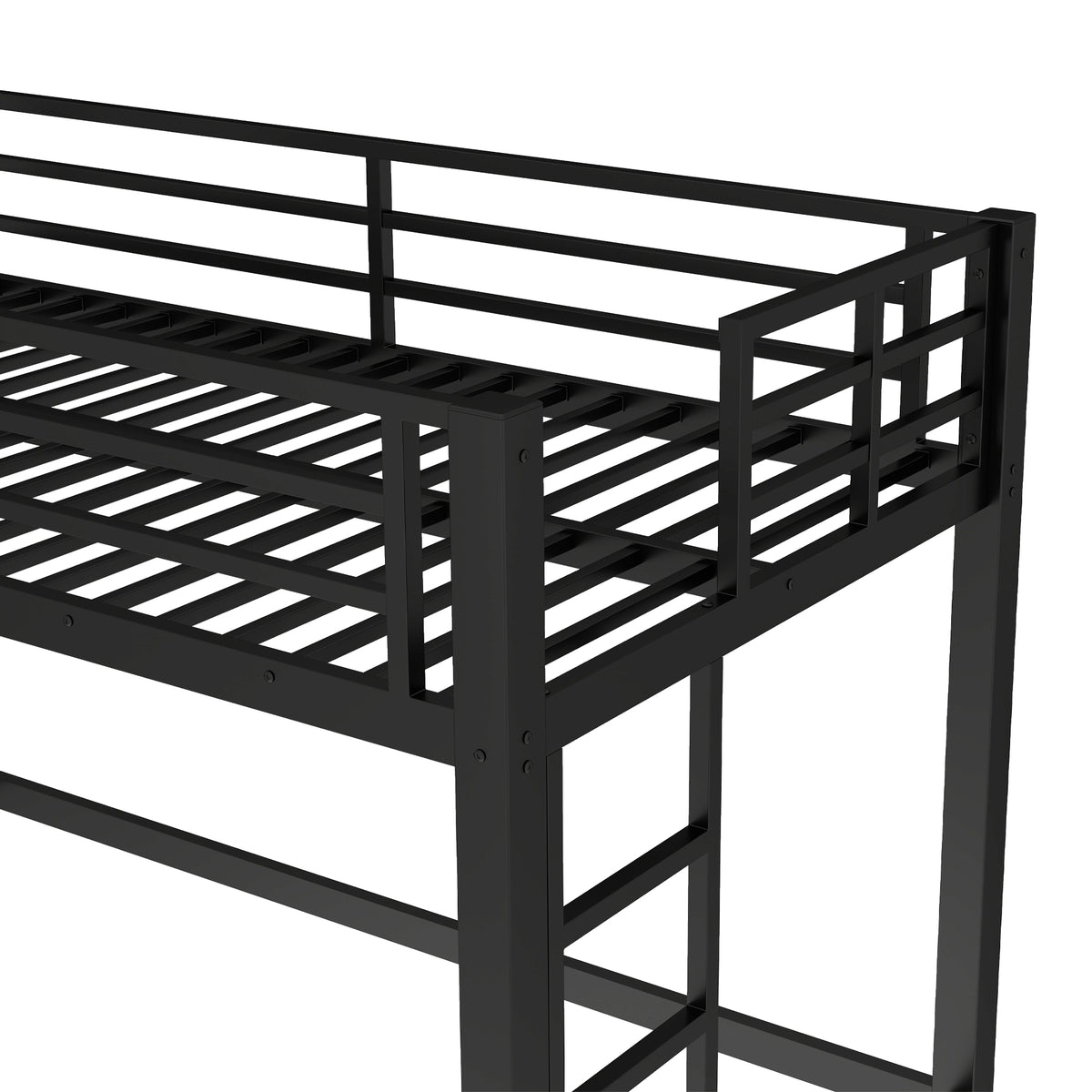 Jorven black loft bed showing full-length guardrails detail