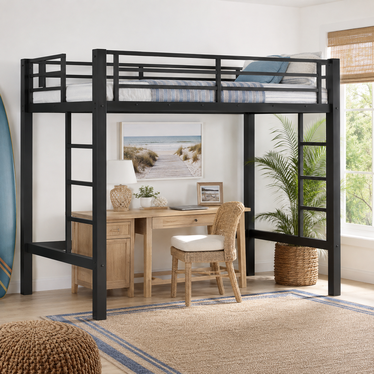 Jorven black twin XL metal loft bed with desk in a bright modern bedroom
