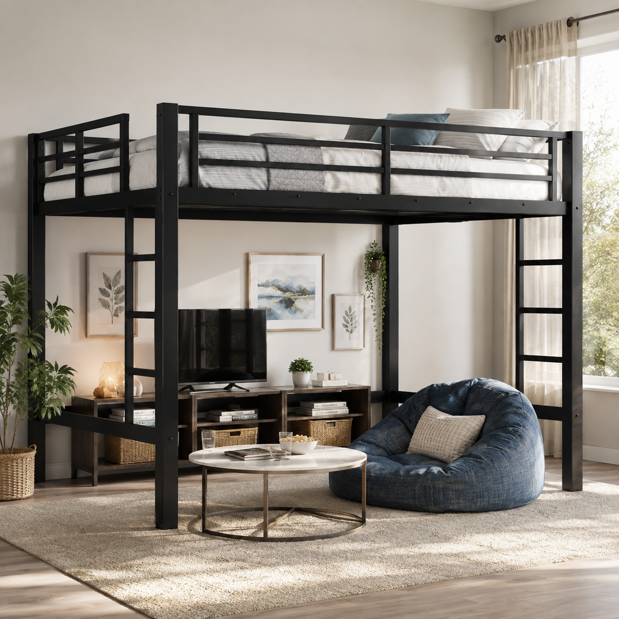 Jorven black loft bed showing a queen loft setup with dual-side ladders and open underbed lounge space