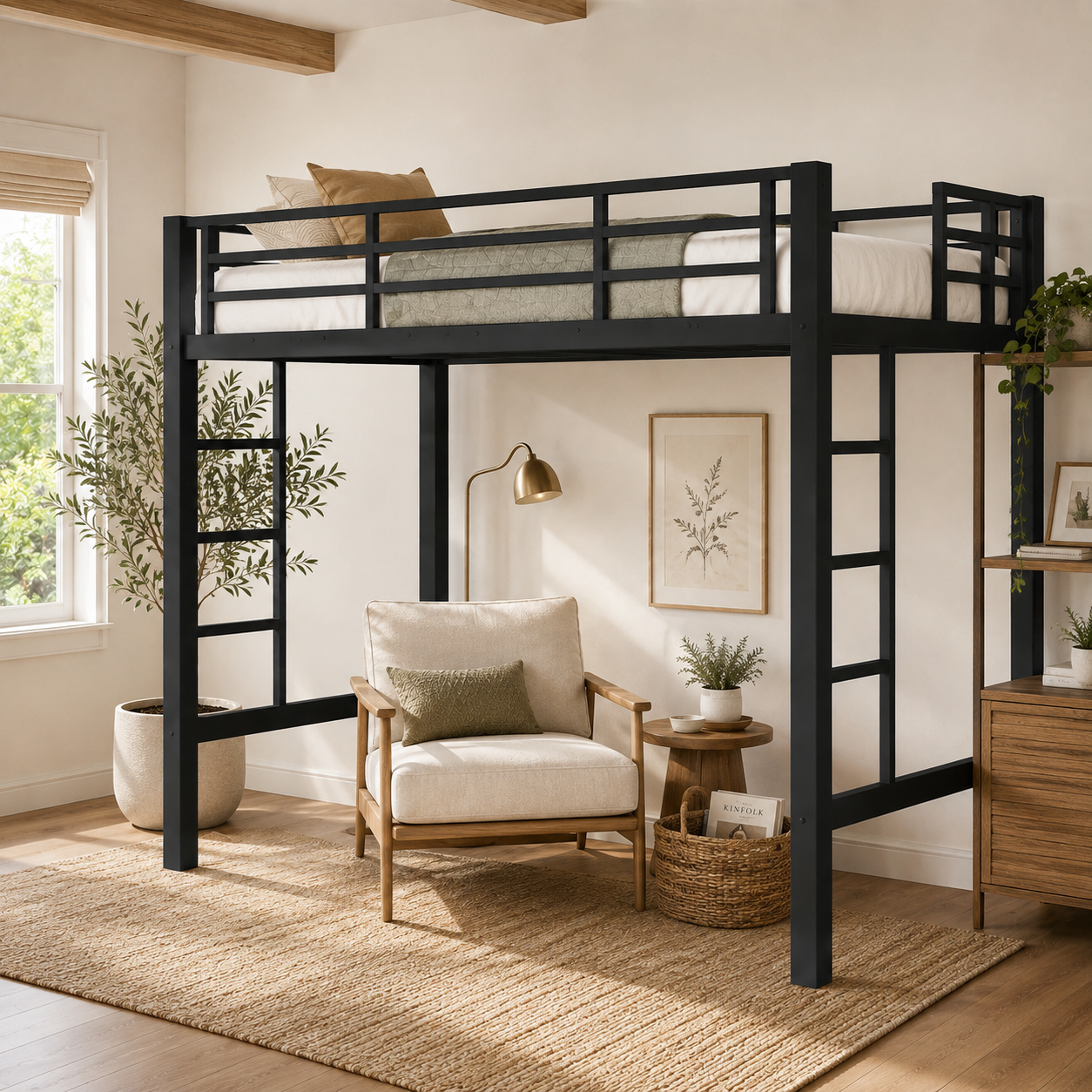 Jorven black twin size metal loft bed with dual-side ladders in a bright bedroom workspace
