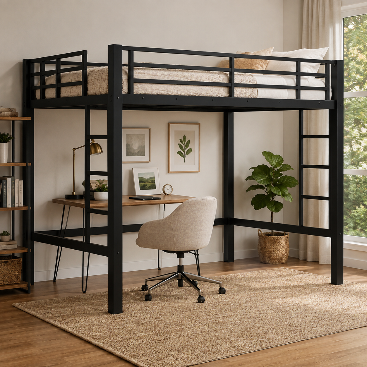 Jorven black loft bed showing a full size metal loft bed with dual-side ladders and a desk setup in a bright bedroom