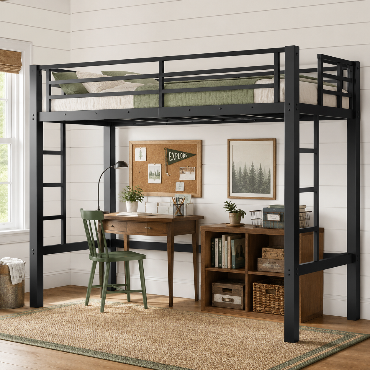Jorven black twin XL metal loft bed with a desk and chair in a cozy room