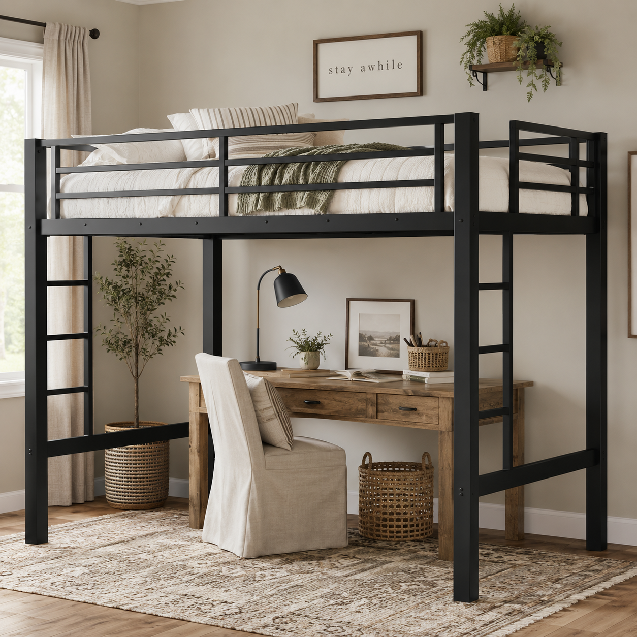 Jorven black loft bed showing a queen loft setup with desk workspace and full-length guardrails