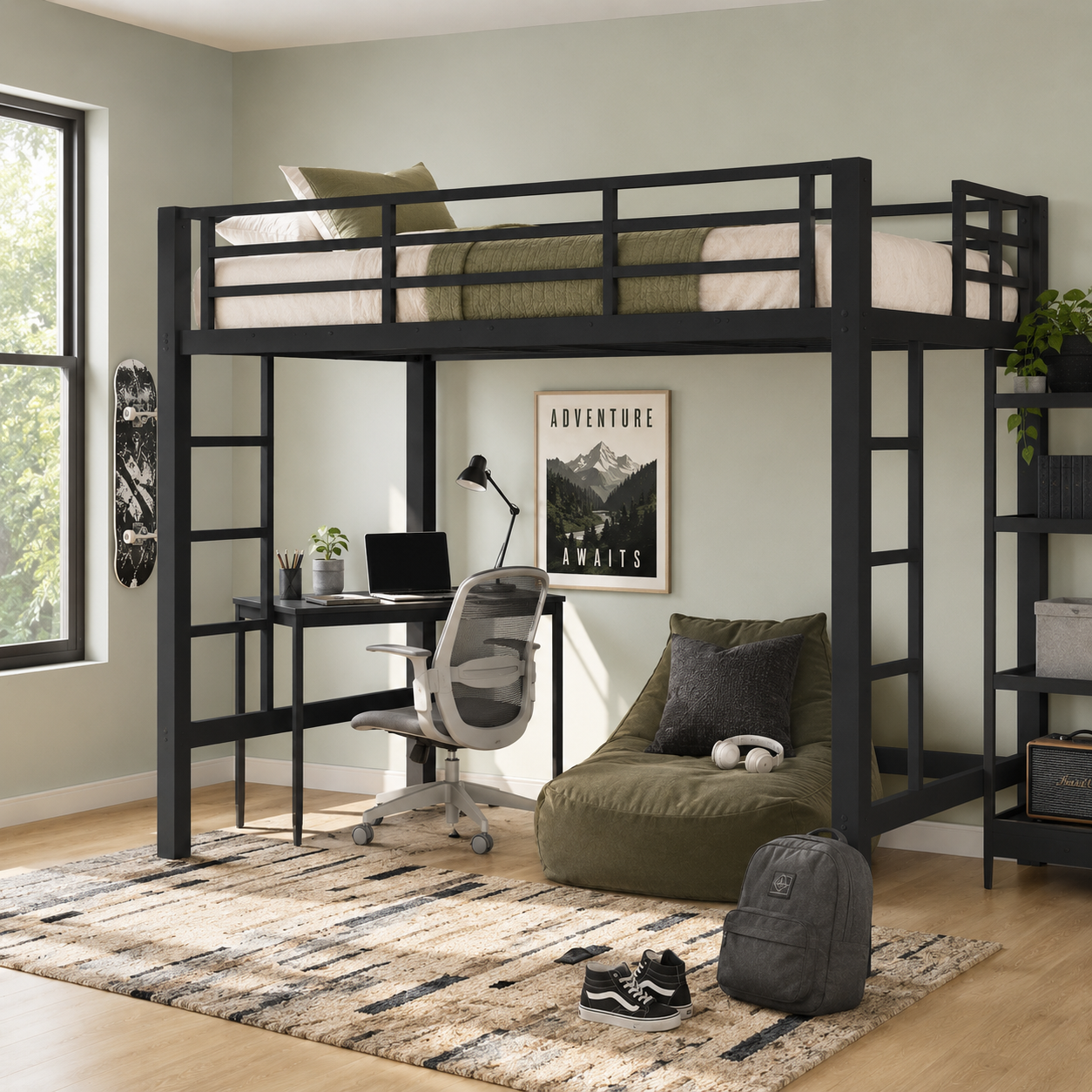 Jorven black twin size metal loft bed with underbed seating area in a cozy bedroom