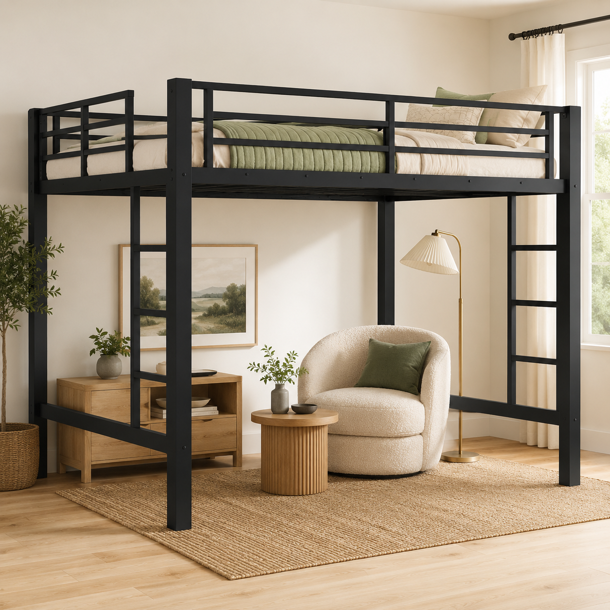 Jorven black loft bed showing an underbed workspace with chair and desk in a bright room