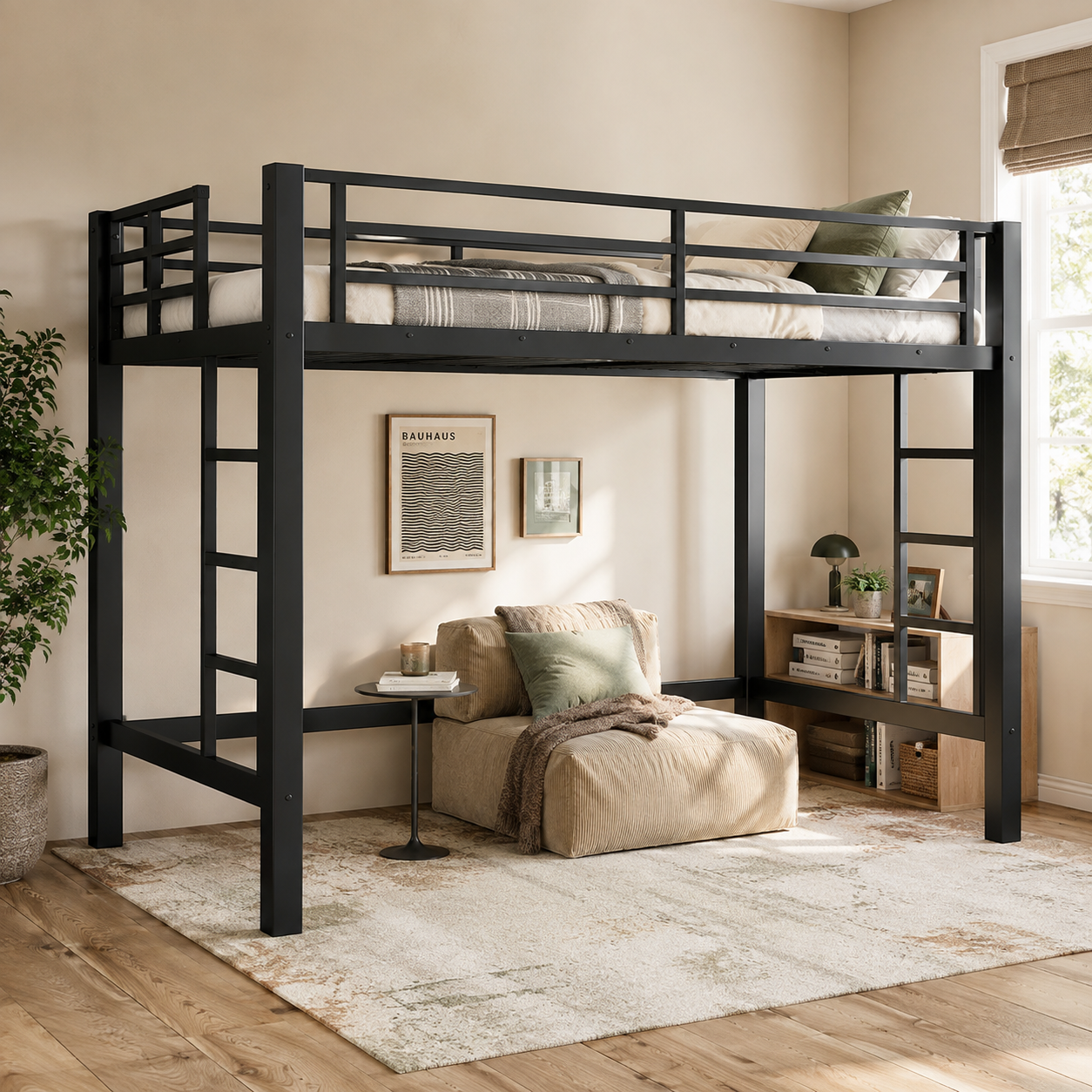 Jorven black twin XL metal loft bed in a warm bedroom with a lounge chair underneath