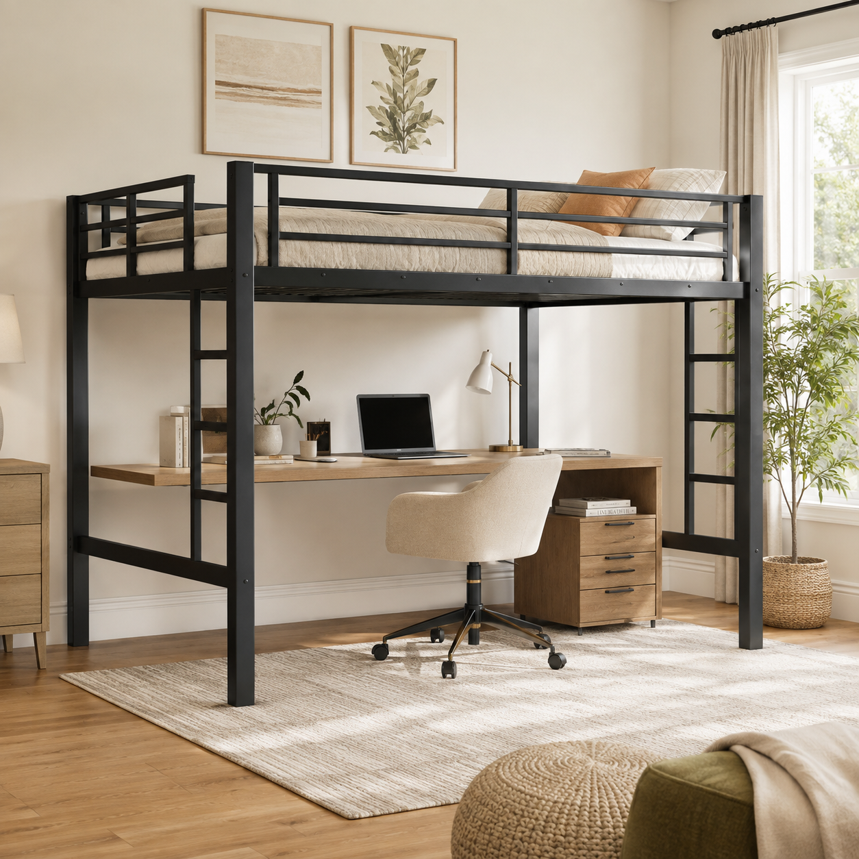Jorven black loft bed showing a study area beneath the raised bed in a bright modern bedroom
