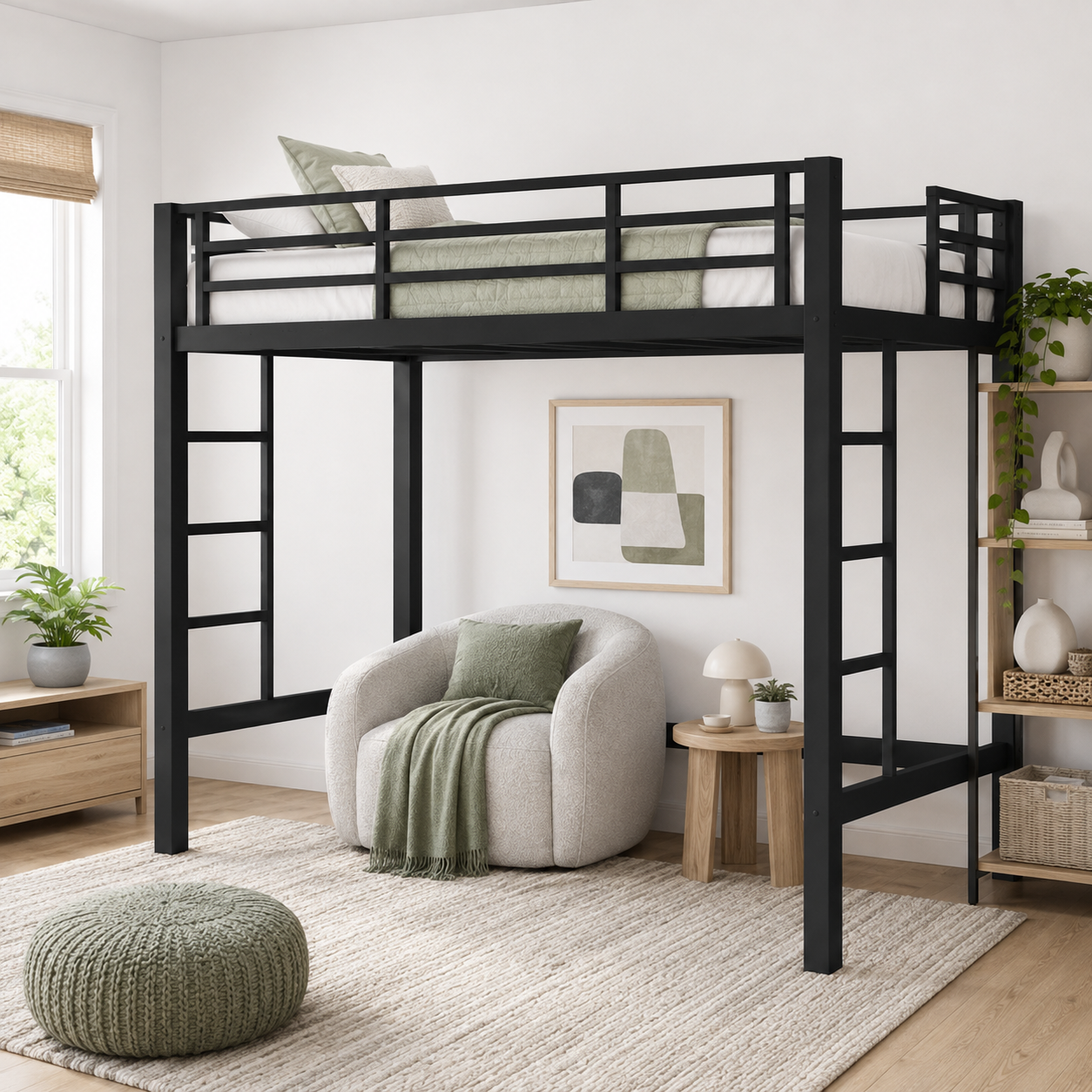 Jorven black twin size metal loft bed with full-length guardrails in a modern bedroom