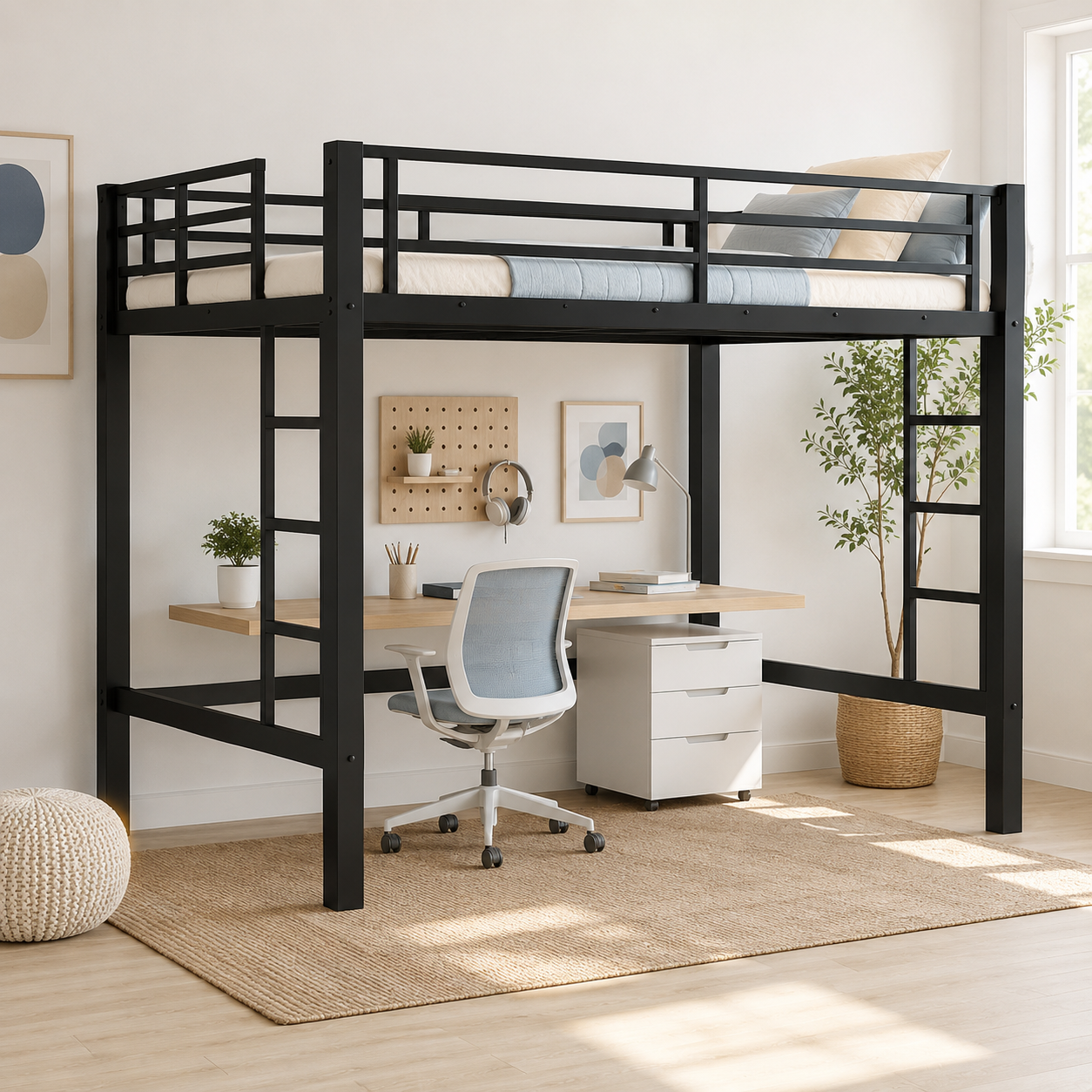 Jorven black loft bed showing a study area beneath the raised bed with full-length guardrails