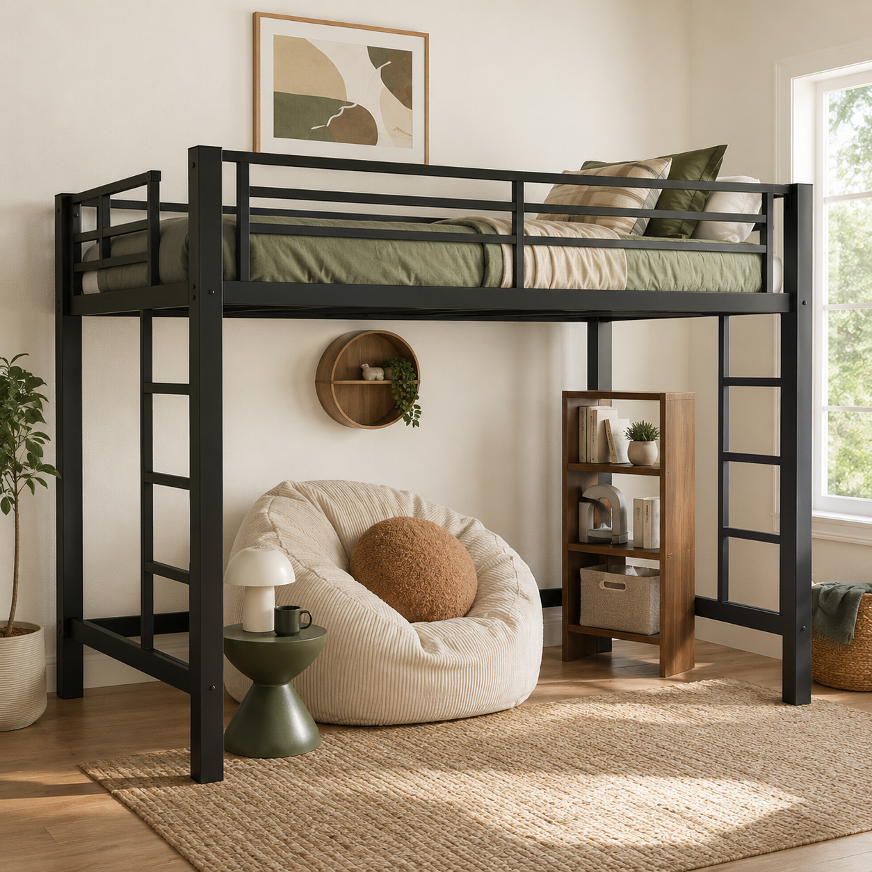 Jorven black twin XL metal loft bed in a modern study bedroom with shelving and decor