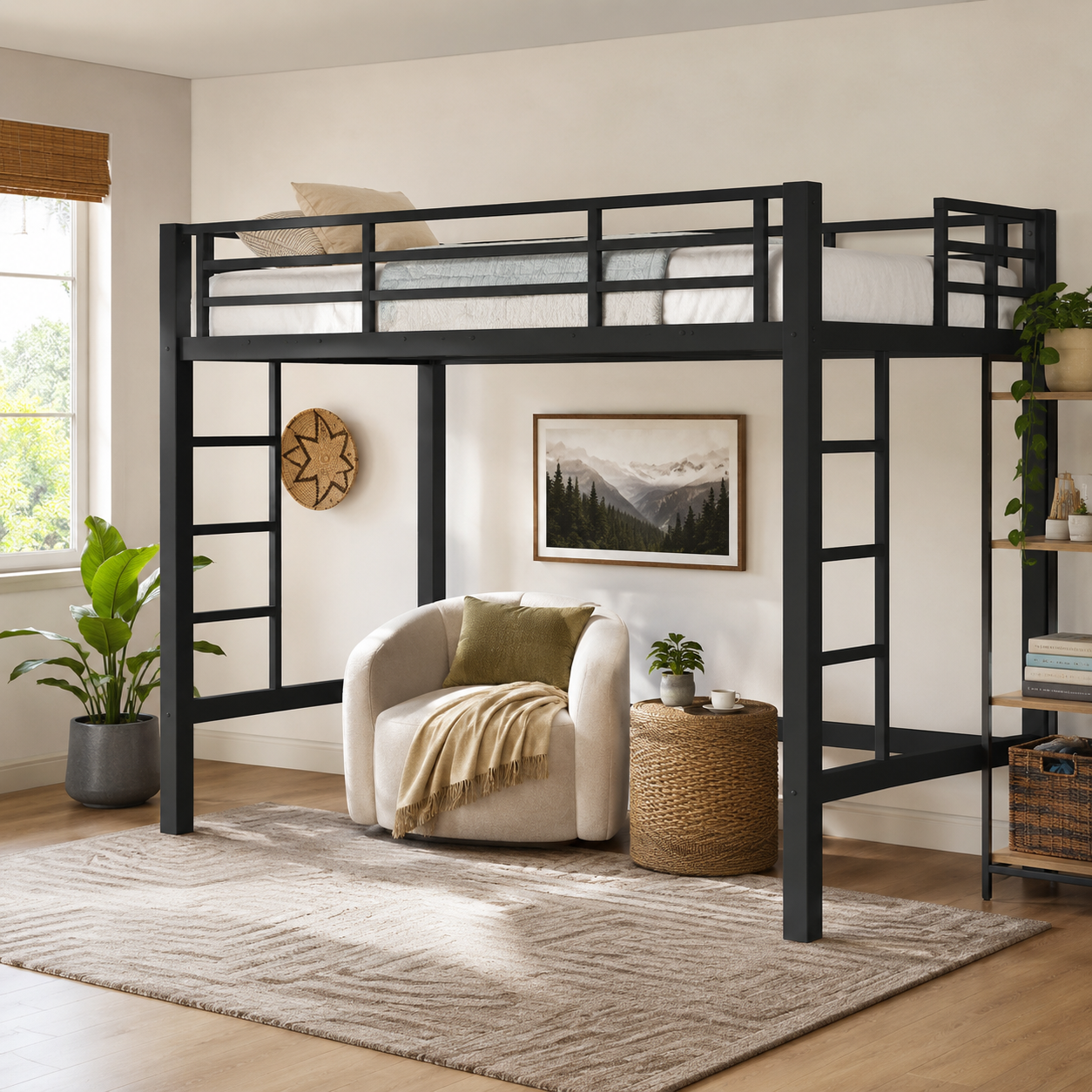 Jorven black twin size loft bed with open underbed space in a warm neutral bedroom
