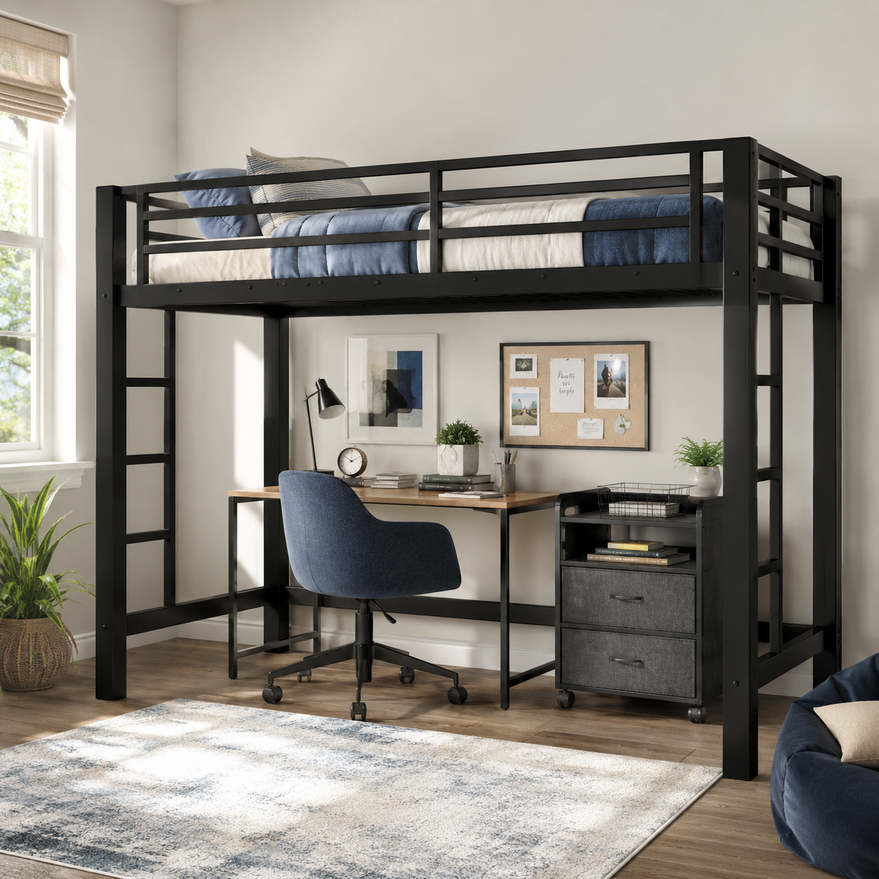 Jorven black twin XL metal loft bed in a modern study bedroom with shelving and decor