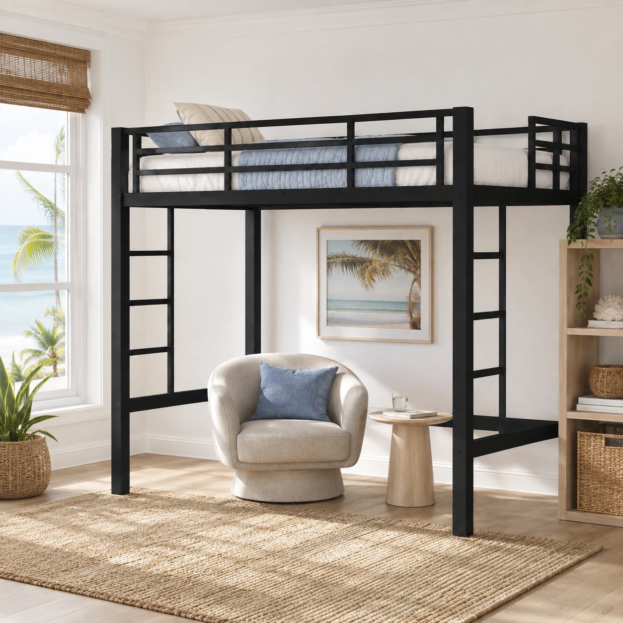 Jorven black twin size metal loft bed with ladder in a bright contemporary room