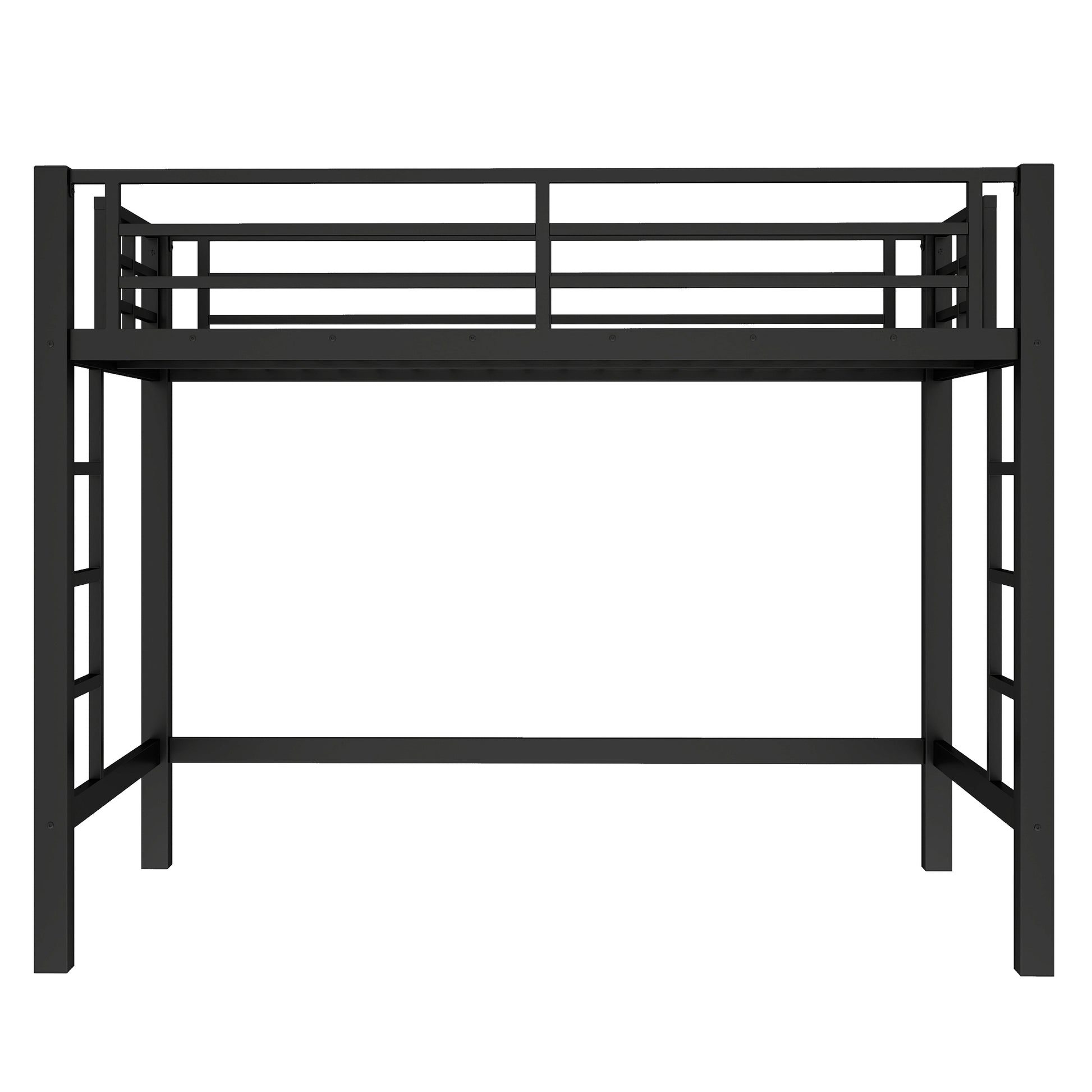 Jorven black twin size metal loft bed straight front view on white background