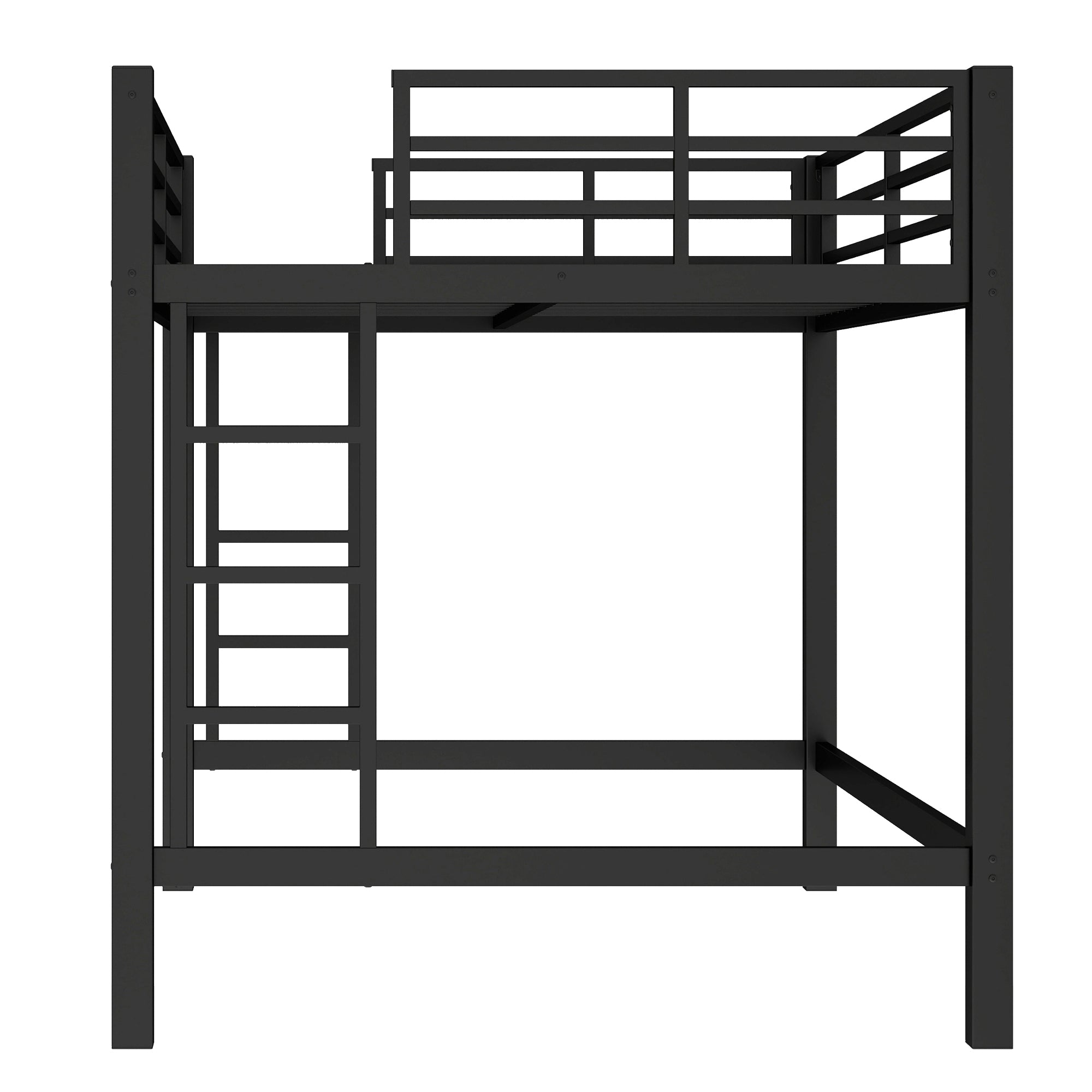 Jorven black loft bed showing the side view with full-length guardrails and dual-side ladders on white background