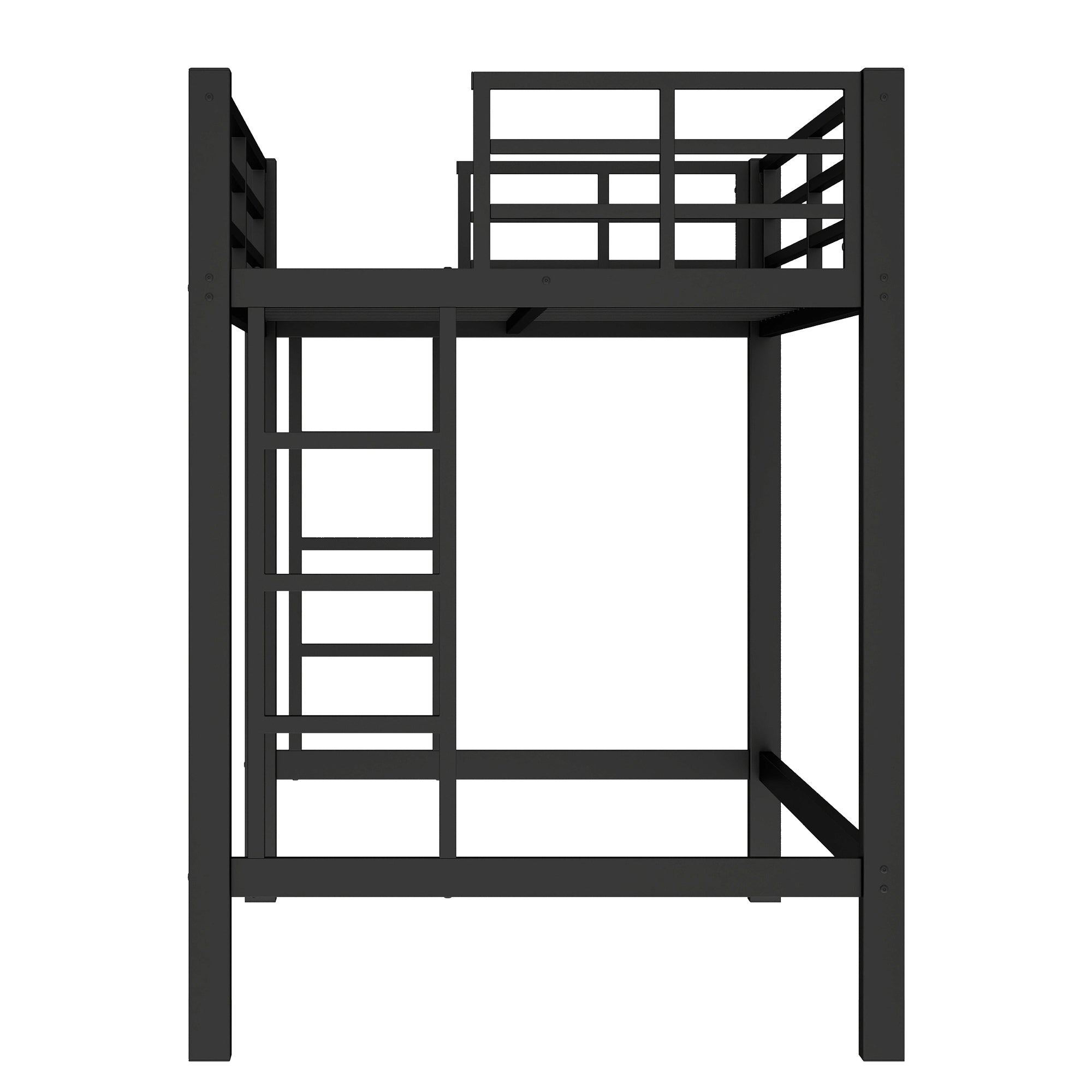 Jorven black twin size metal loft bed side view with full-length guardrails on white background