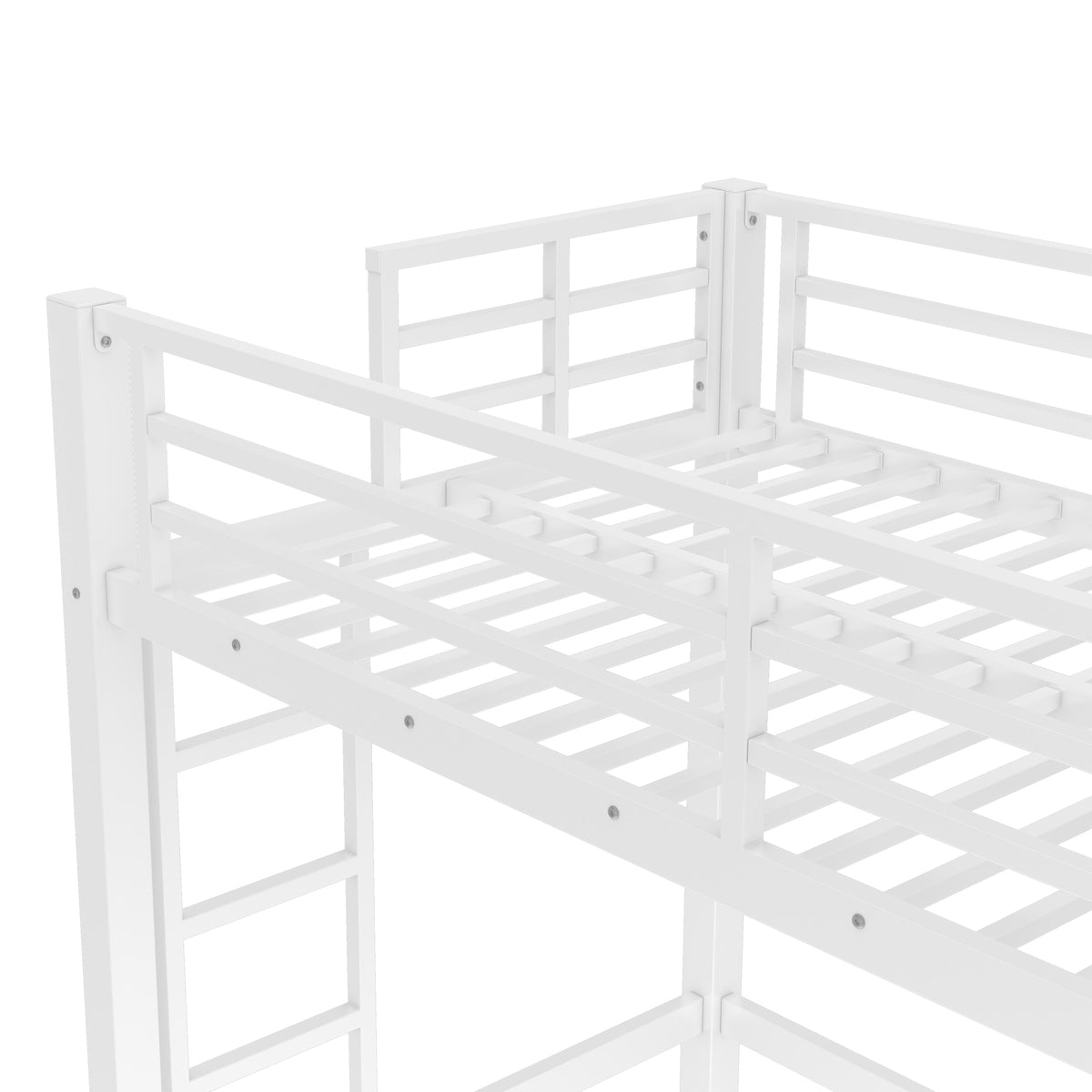 Jorven white loft bed showing full-length guardrails detail