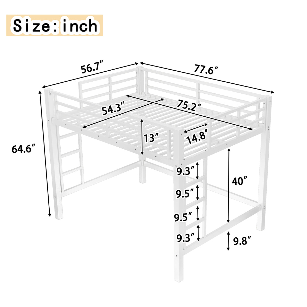 Jorven white loft bed showing dimensions