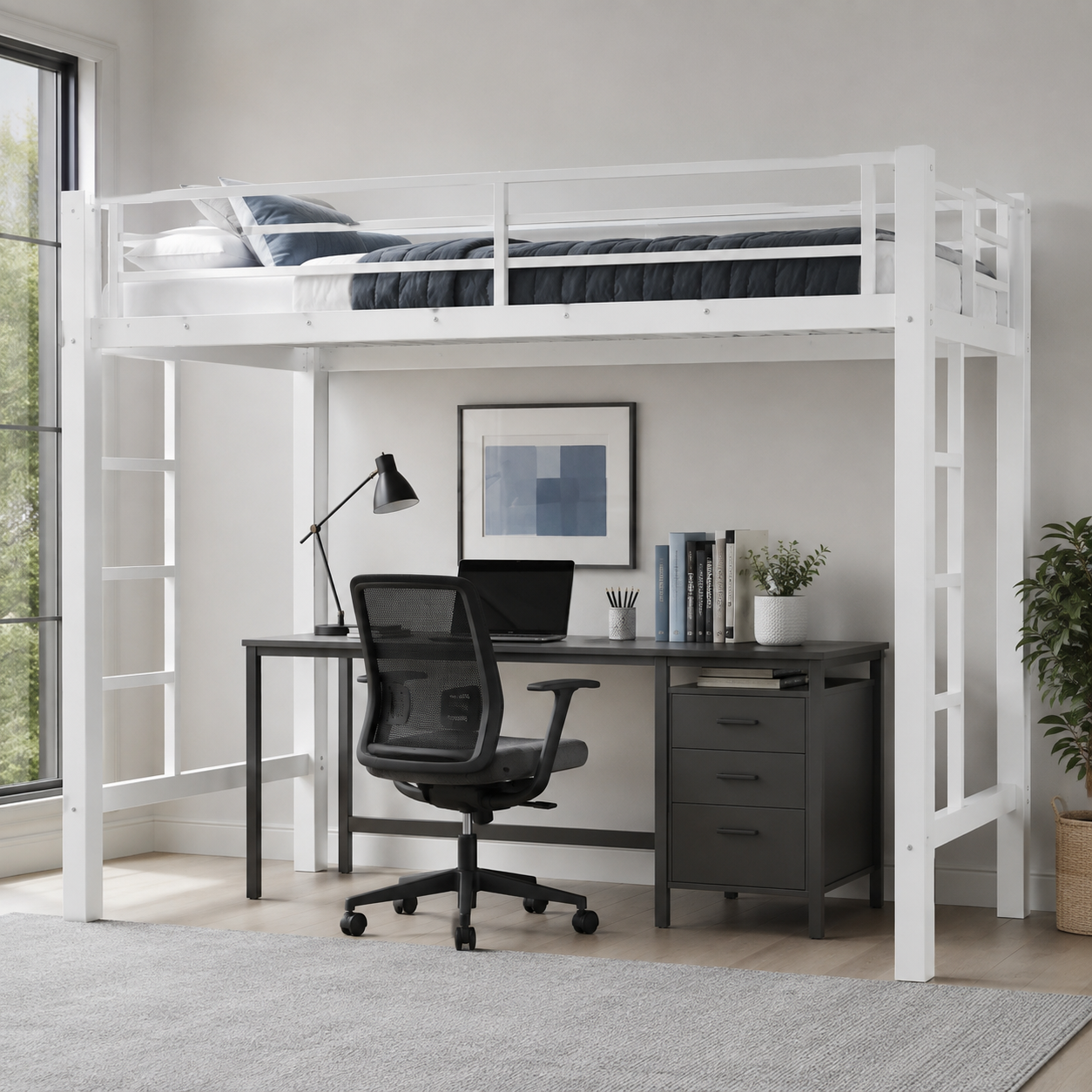 Jorven white twin XL metal loft bed with desk in a bright modern bedroom