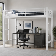 Jorven white twin XL metal loft bed with desk in a bright modern bedroom