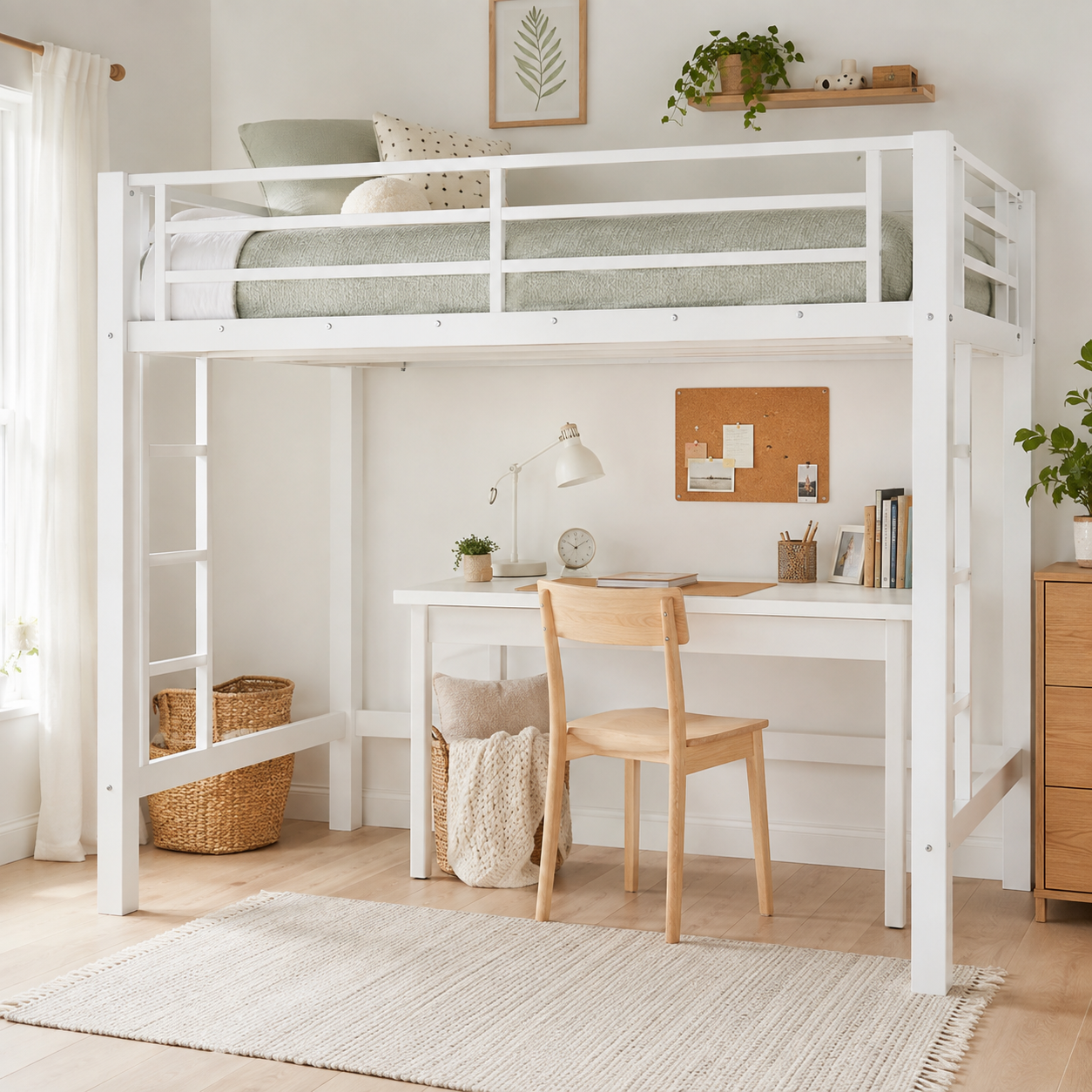 Jorven white twin size metal loft bed with desk underneath in a bright bedroom