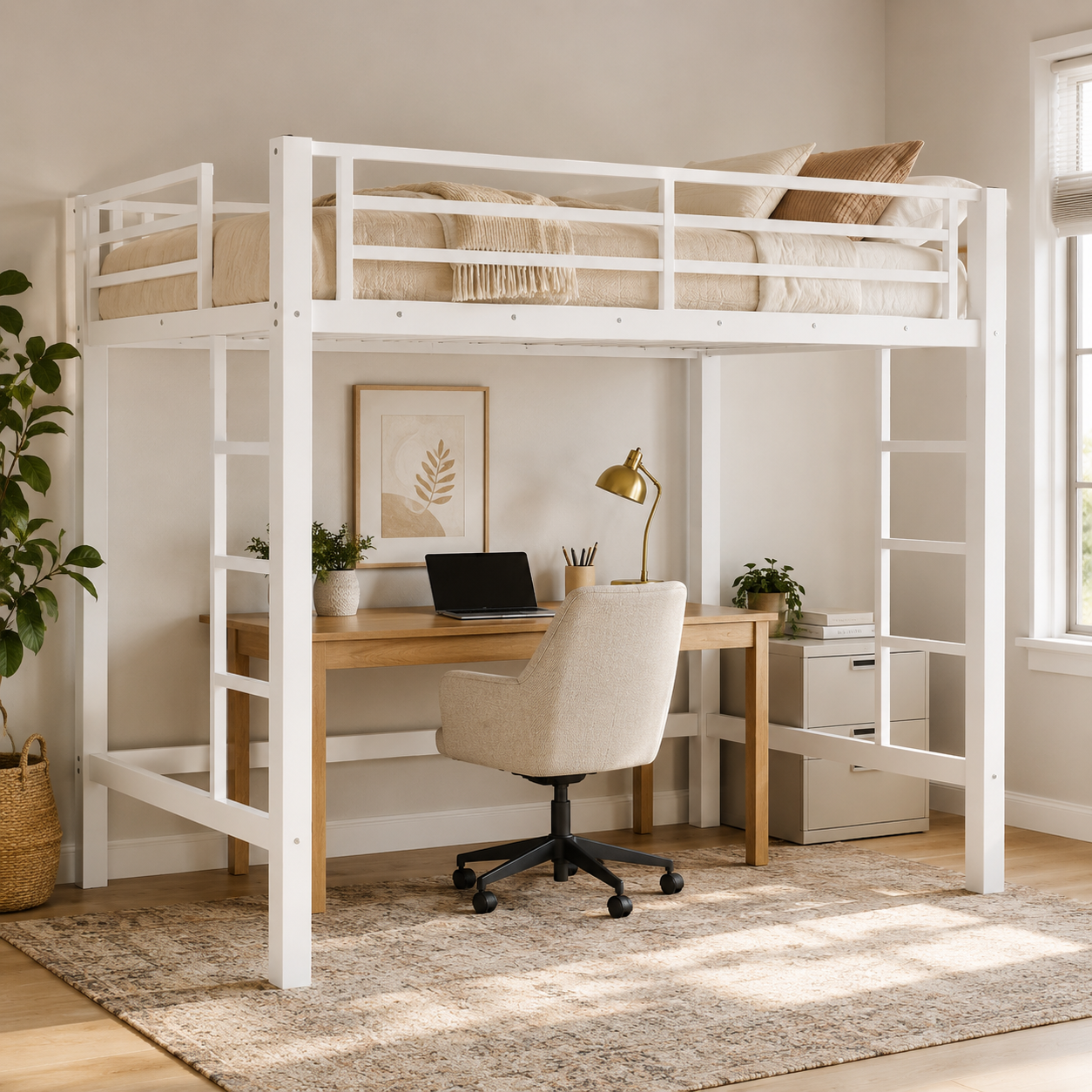 Jorven white loft bed showing a queen loft setup with desk workspace in a bright neutral bedroom