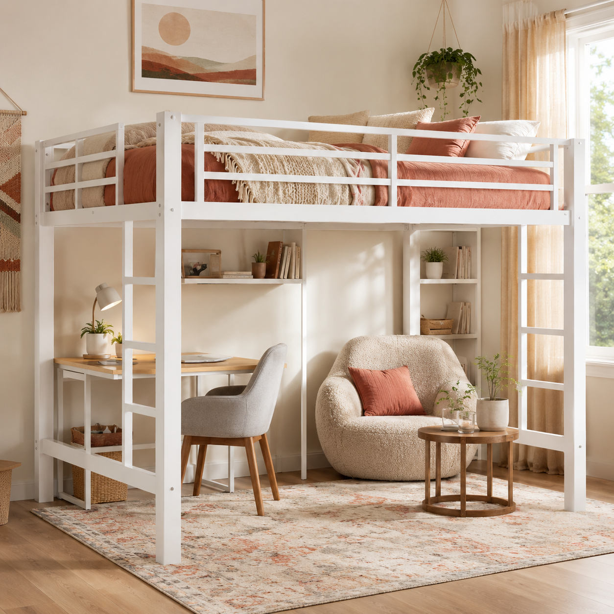 Jorven white loft bed showing a full size metal loft bed with dual-side ladders and a desk setup in a bright bedroom