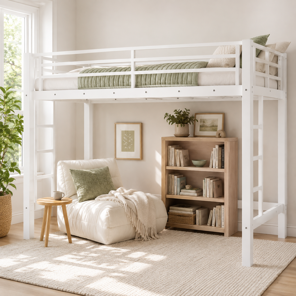 Jorven white twin XL metal loft bed in a cozy room with shelves and soft seating