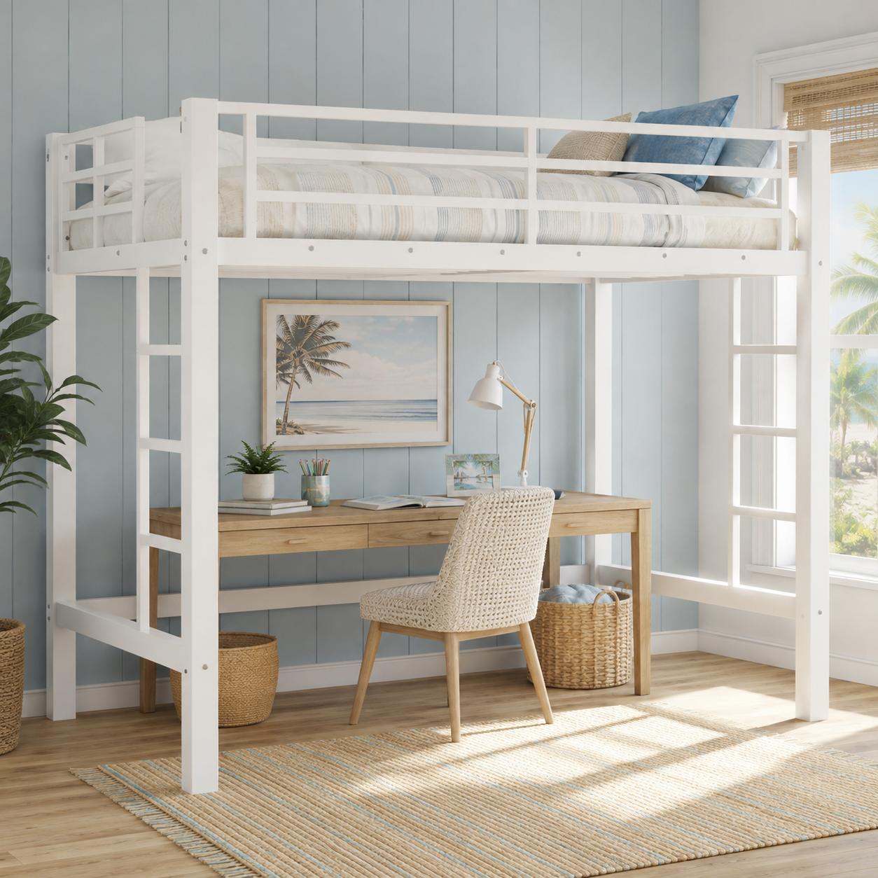 Jorven white twin size metal loft bed with underbed workspace in a modern room