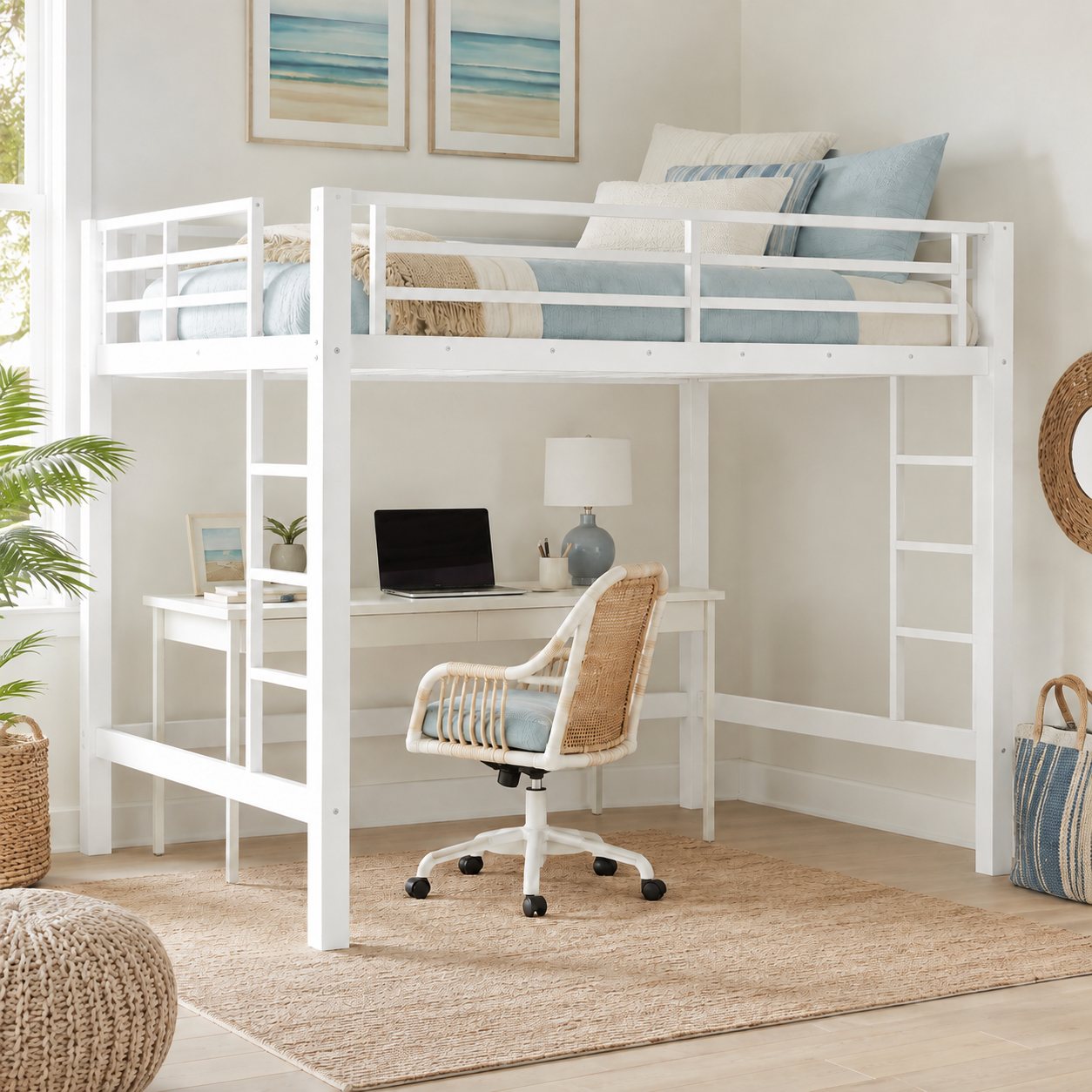 Jorven white loft bed showing an underbed study area with desk chair and dual-side ladders